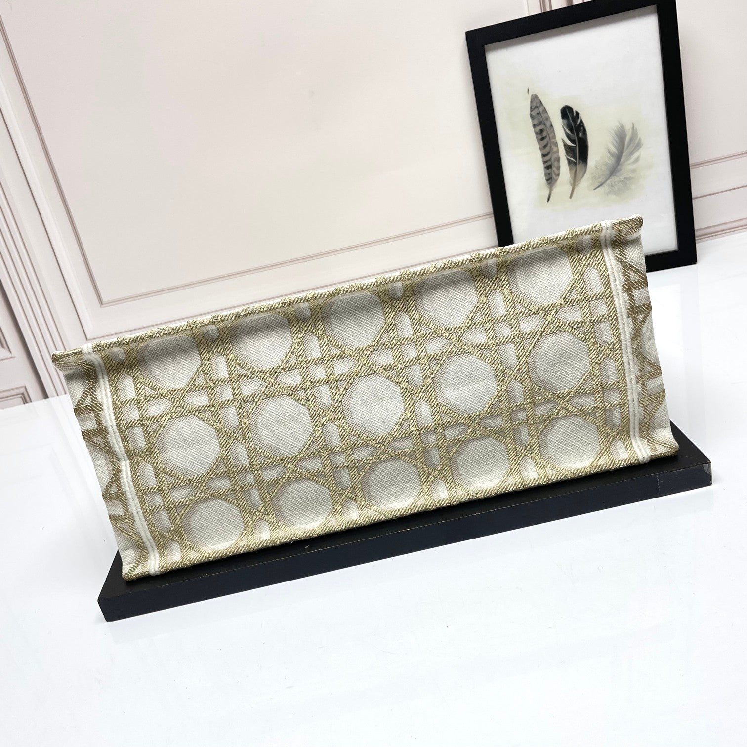Dior Structured Beige Canvas Tote Bag with Embroidered Geometric Pattern
