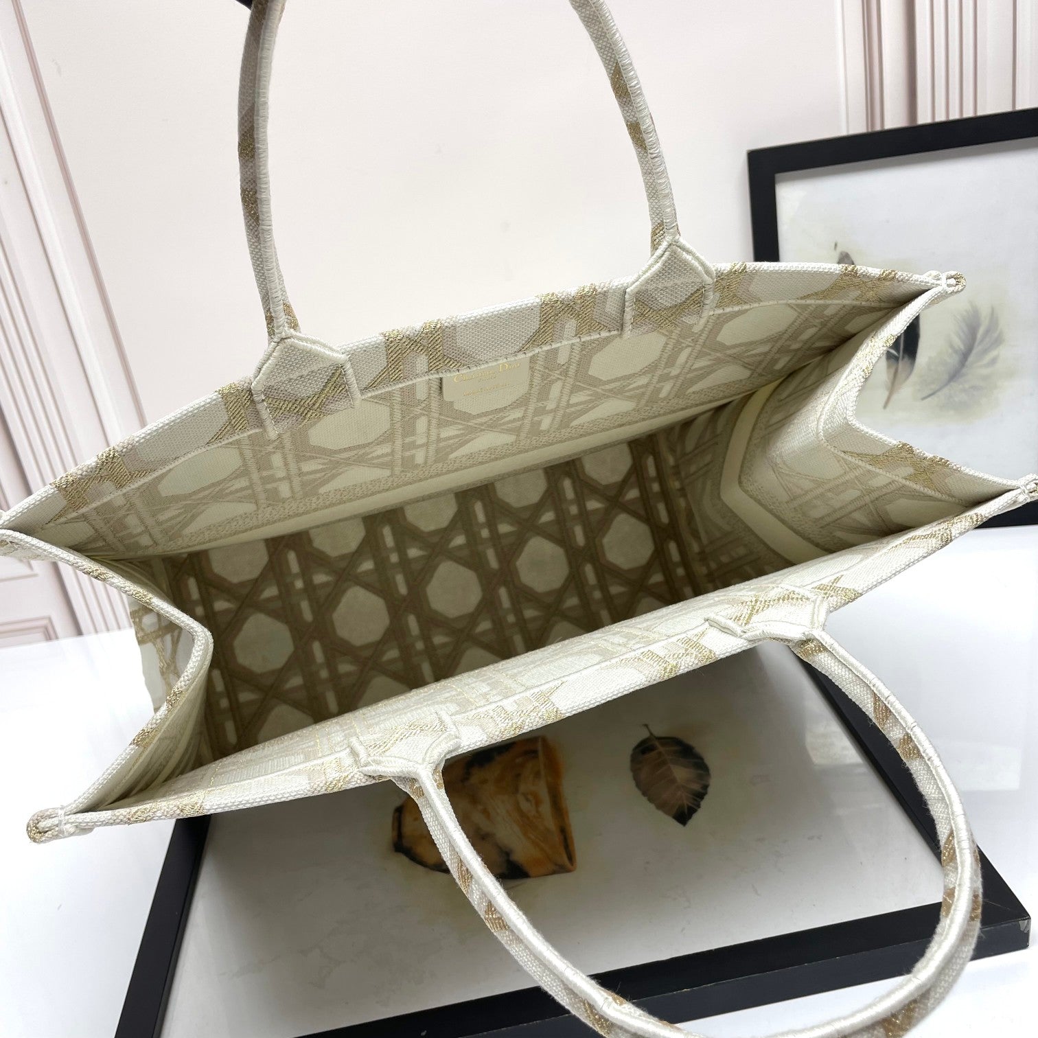 Dior Structured Beige Canvas Tote Bag with Embroidered Geometric Pattern