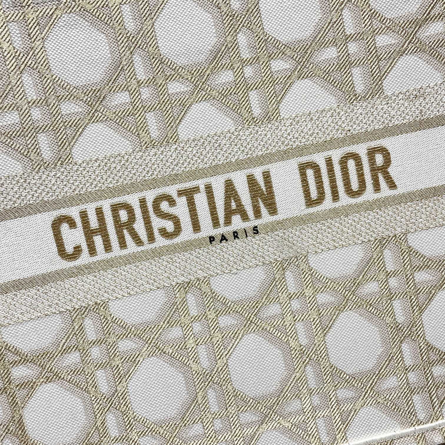 Dior Beige Embroidered Canvas Tote Bag with Geometric Pattern
