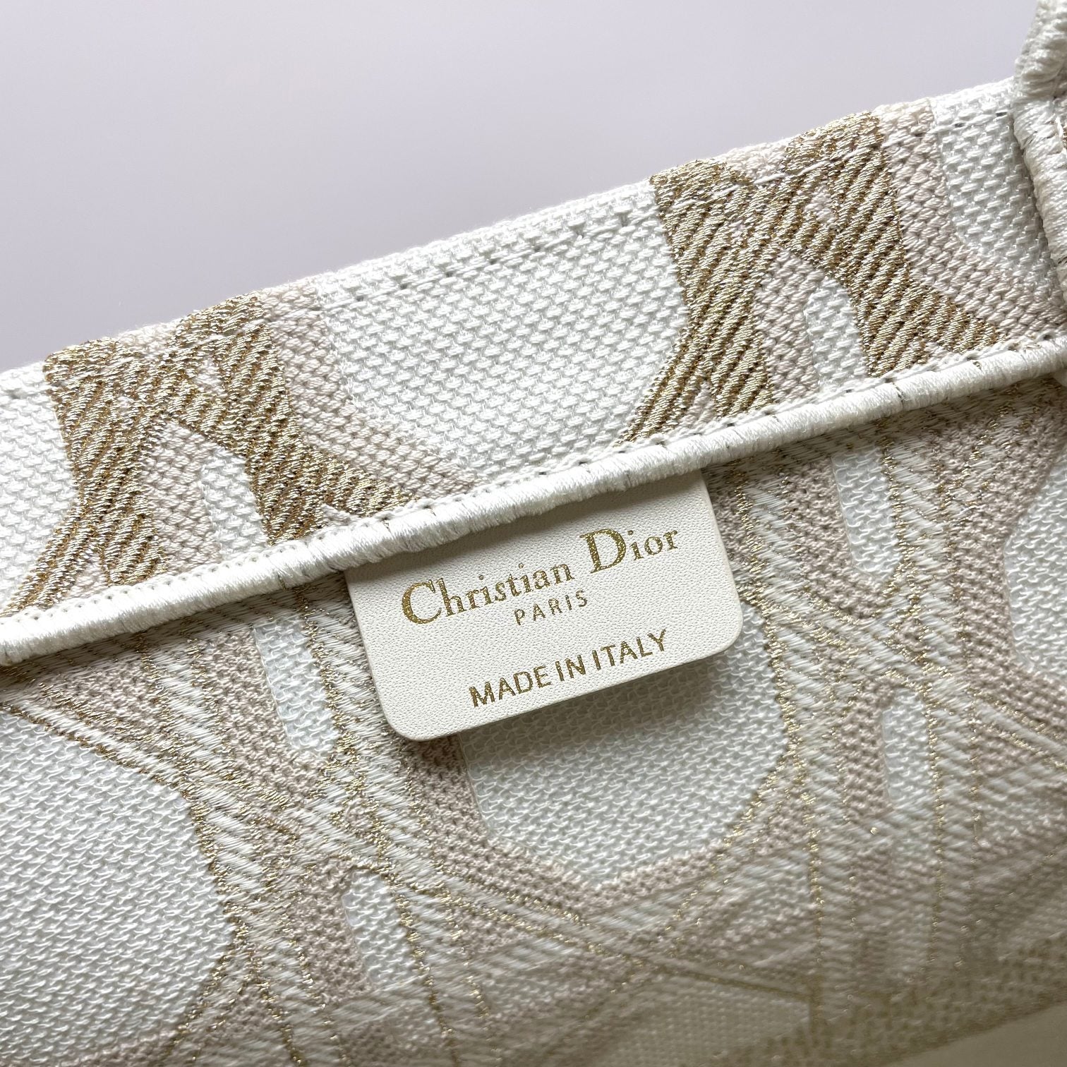 Dior Structured Beige Canvas Tote Bag with Embroidered Geometric Pattern