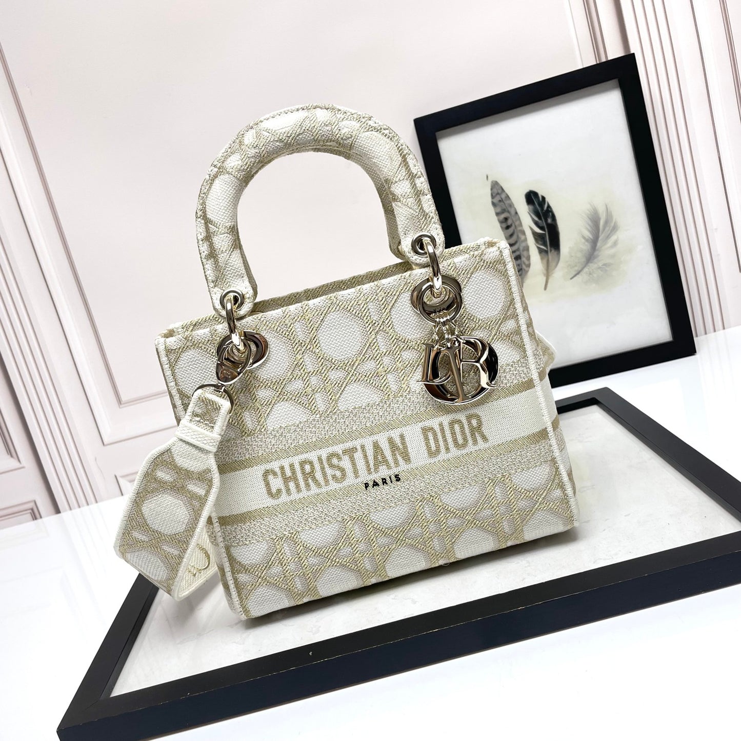 Dior Elegant Embroidered Geometric Canvas Top Handle Shoulder Bag