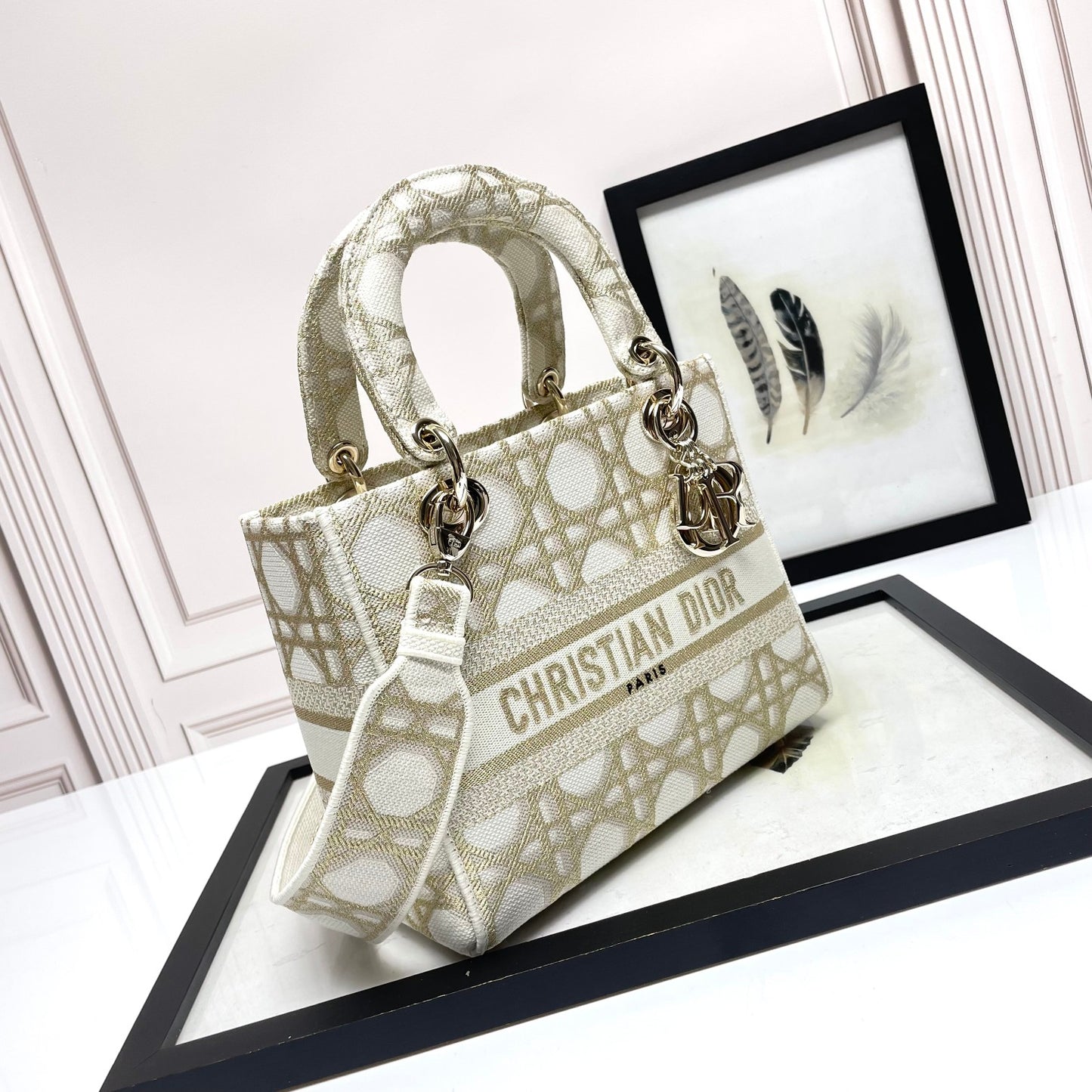 Dior Elegant Embroidered Geometric Canvas Top Handle Shoulder Bag