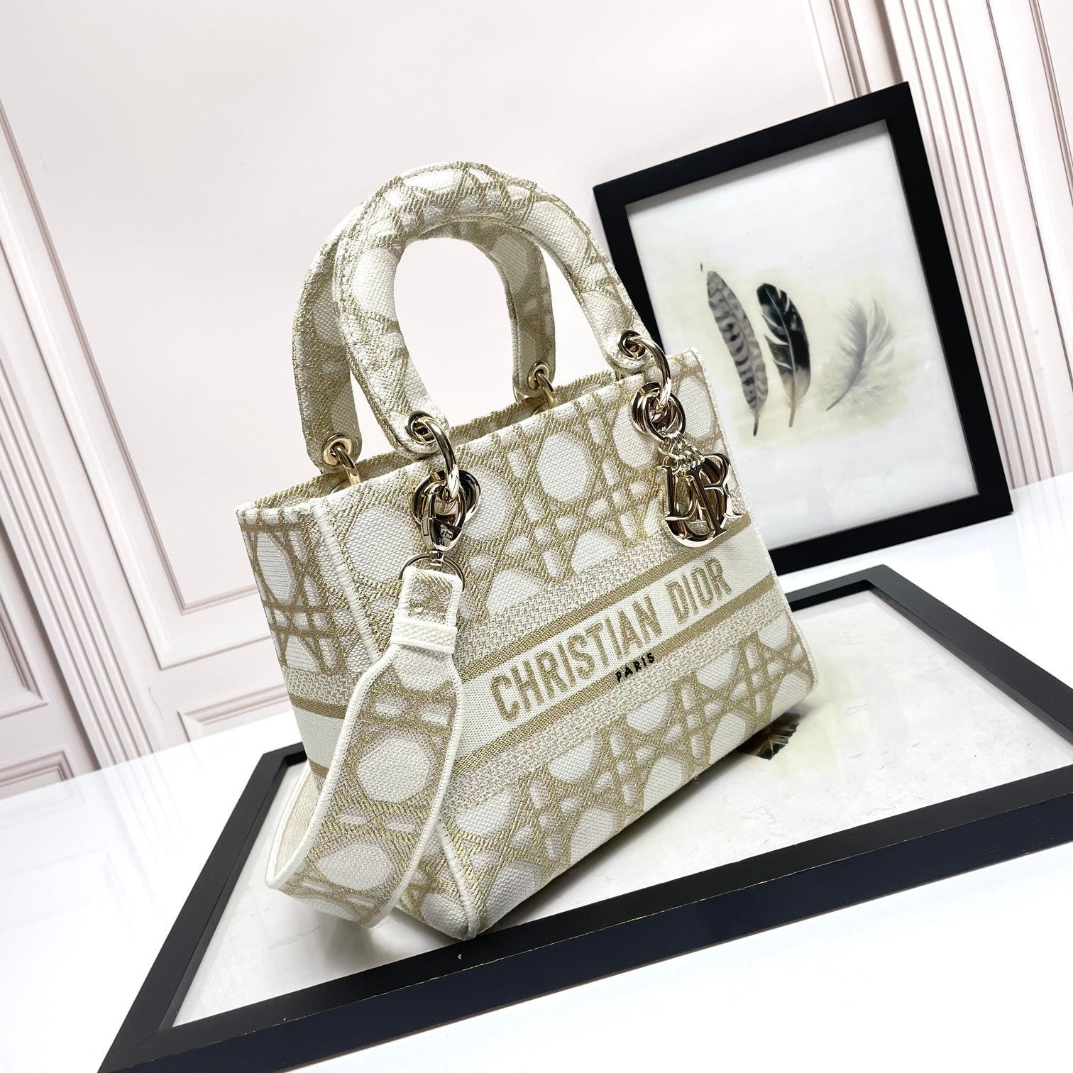 Dior Elegant Beige Embroidered Canvas Satchel Top Handle Shoulder Bag