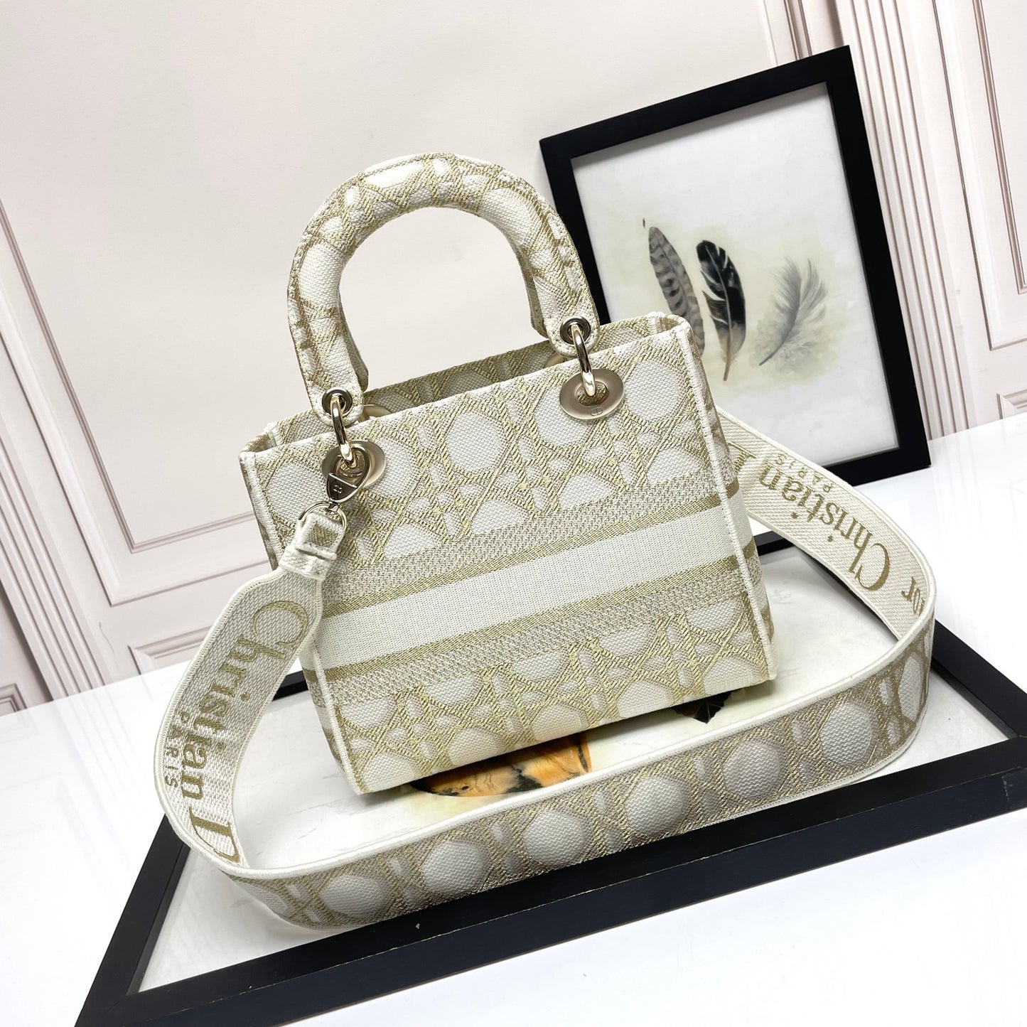 Dior Elegant Beige Embroidered Canvas Satchel Top Handle Shoulder Bag