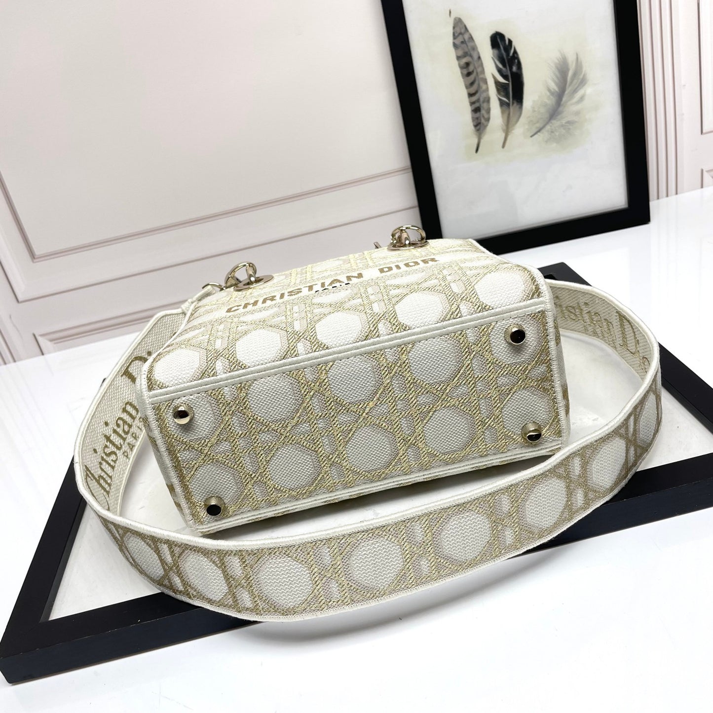 Dior Elegant Beige Embroidered Canvas Satchel Top Handle Shoulder Bag