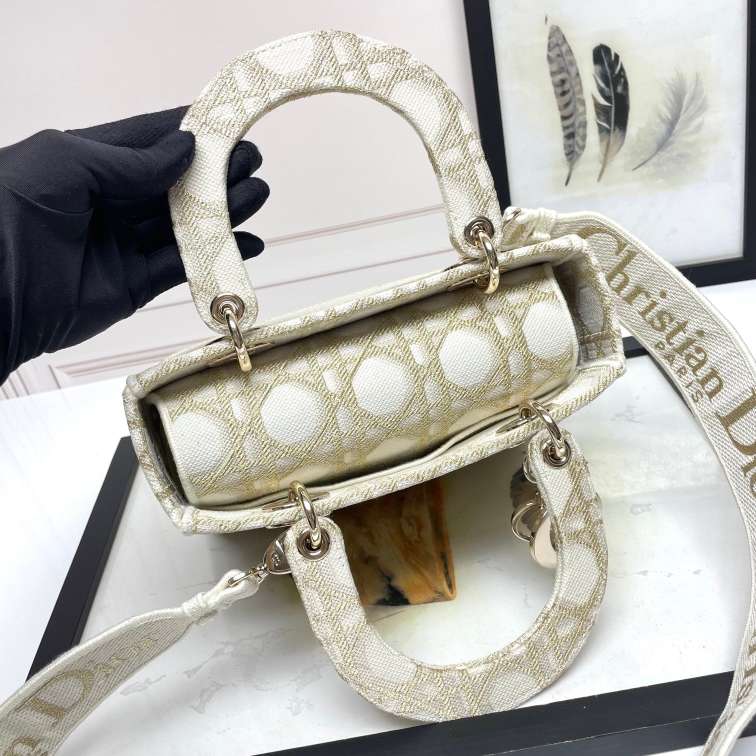 Dior Elegant Beige Embroidered Canvas Satchel Top Handle Shoulder Bag