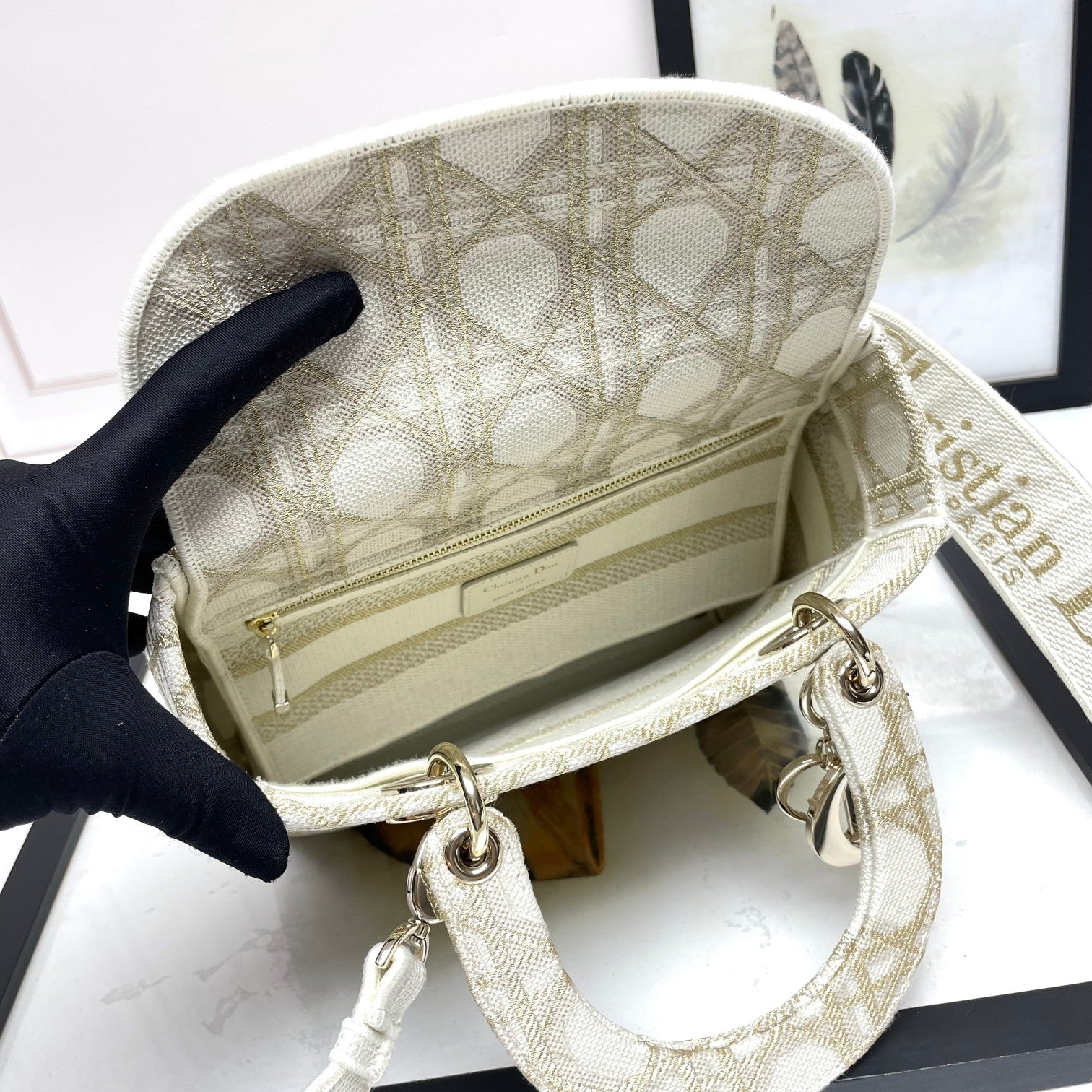 Christian Dior Lady D-Lite Medium Bag - Beige and White Cannage Embroidery