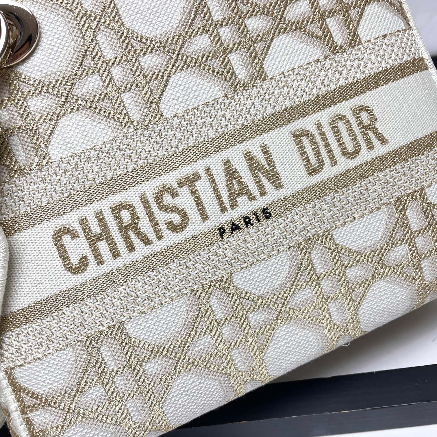 Dior Elegant Beige Embroidered Canvas Satchel Top Handle Shoulder Bag