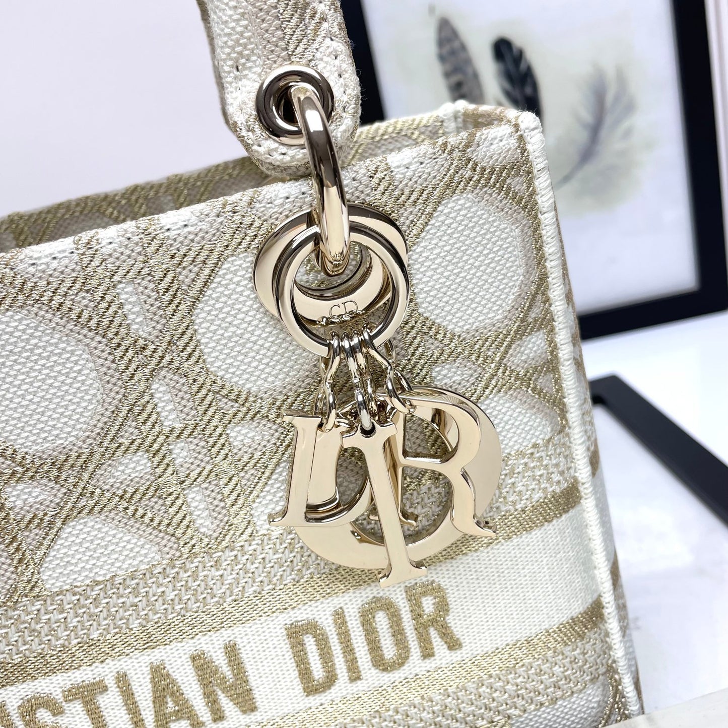 Dior Elegant Embroidered Geometric Canvas Top Handle Shoulder Bag