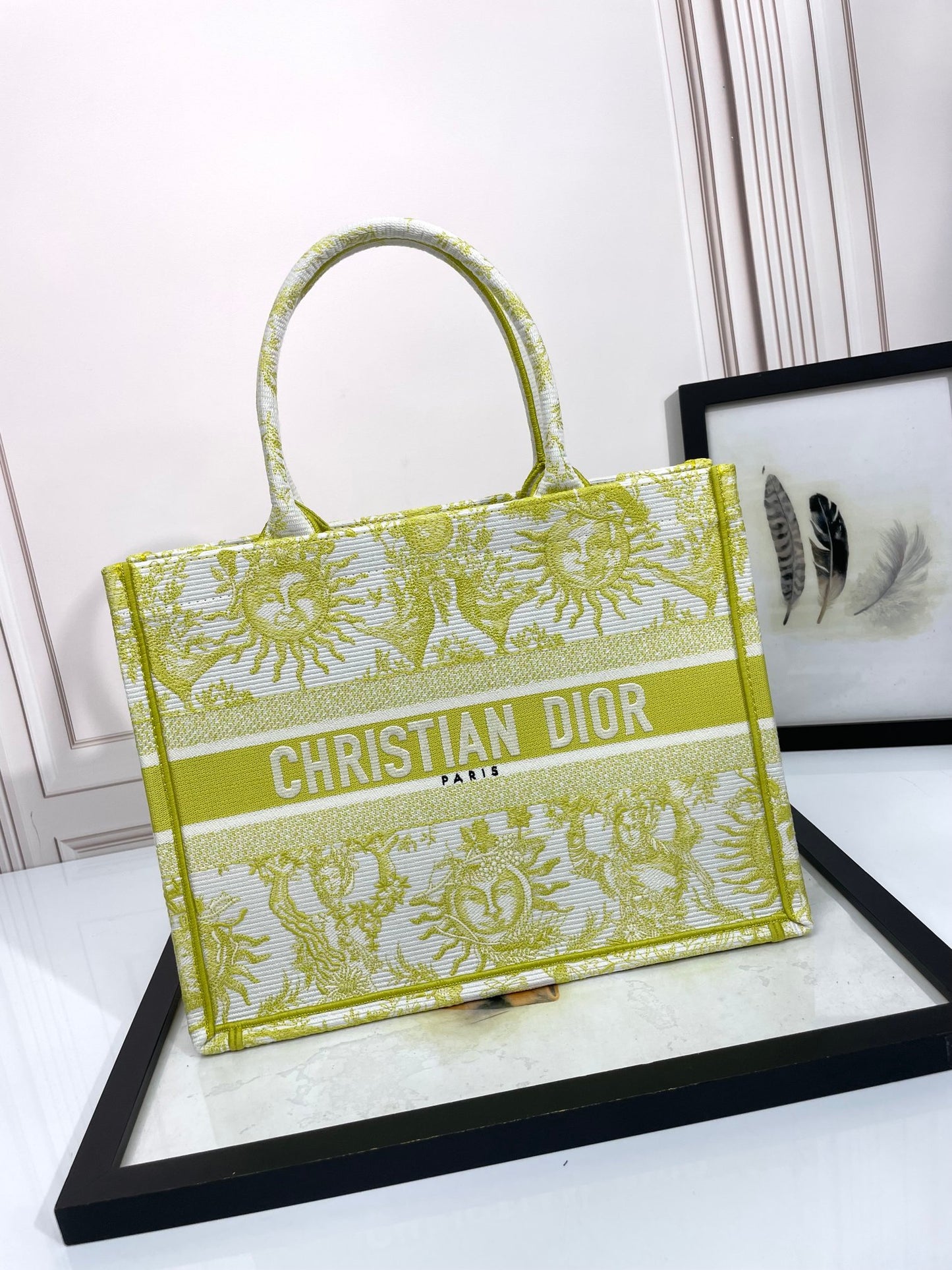 Dior Yellow Embroidered Sun Pattern Canvas Tote Bag with Top Handles