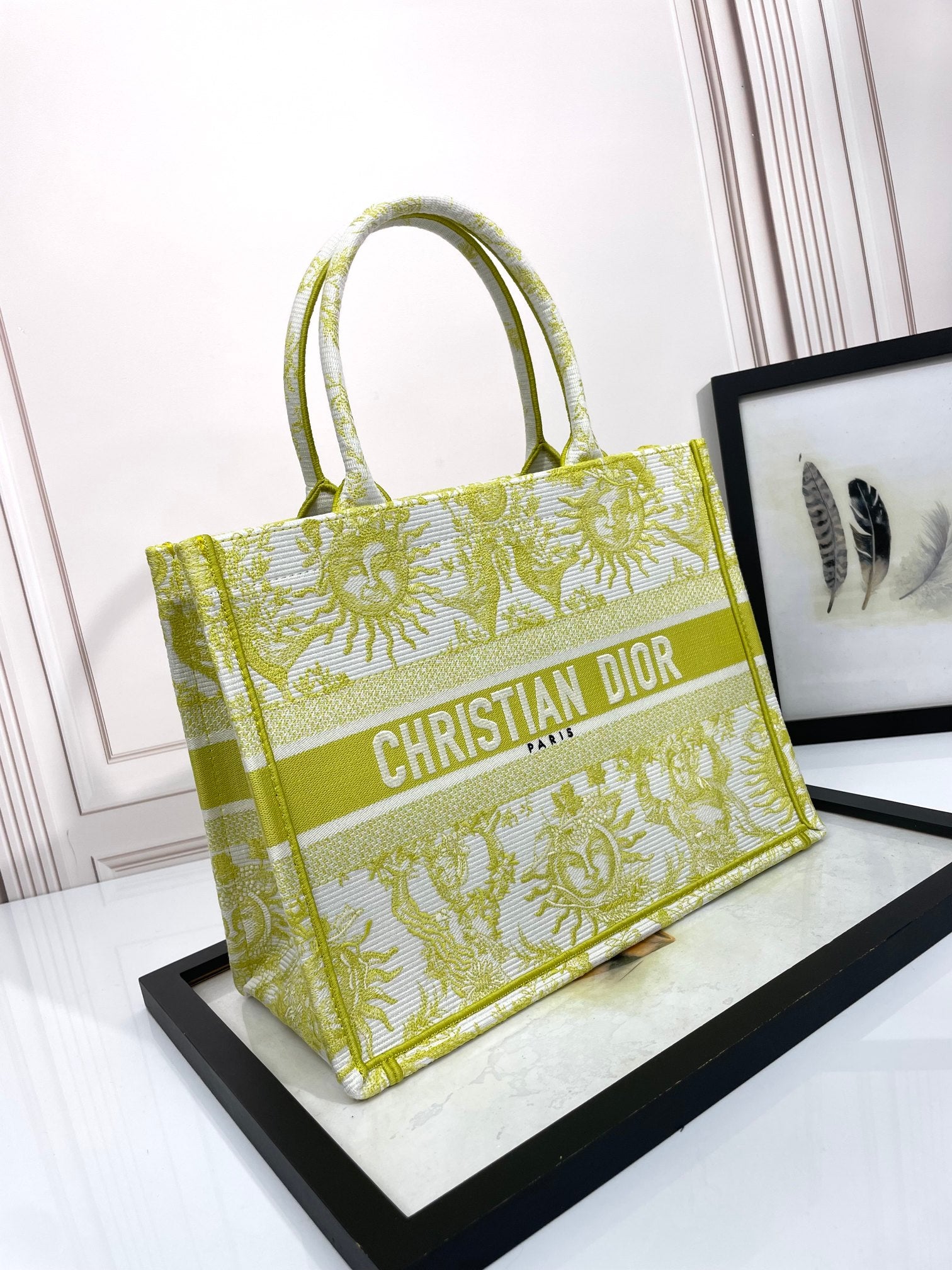 Dior Lime Green and White Sun Pattern Canvas Tote Handbag