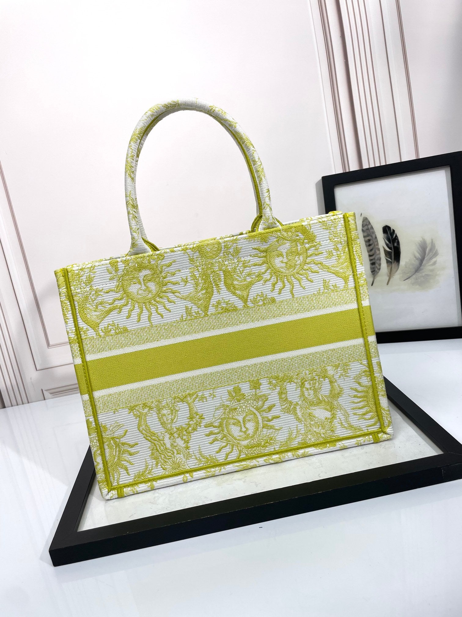 Dior Yellow Embroidered Sun Pattern Canvas Tote Bag with Top Handles