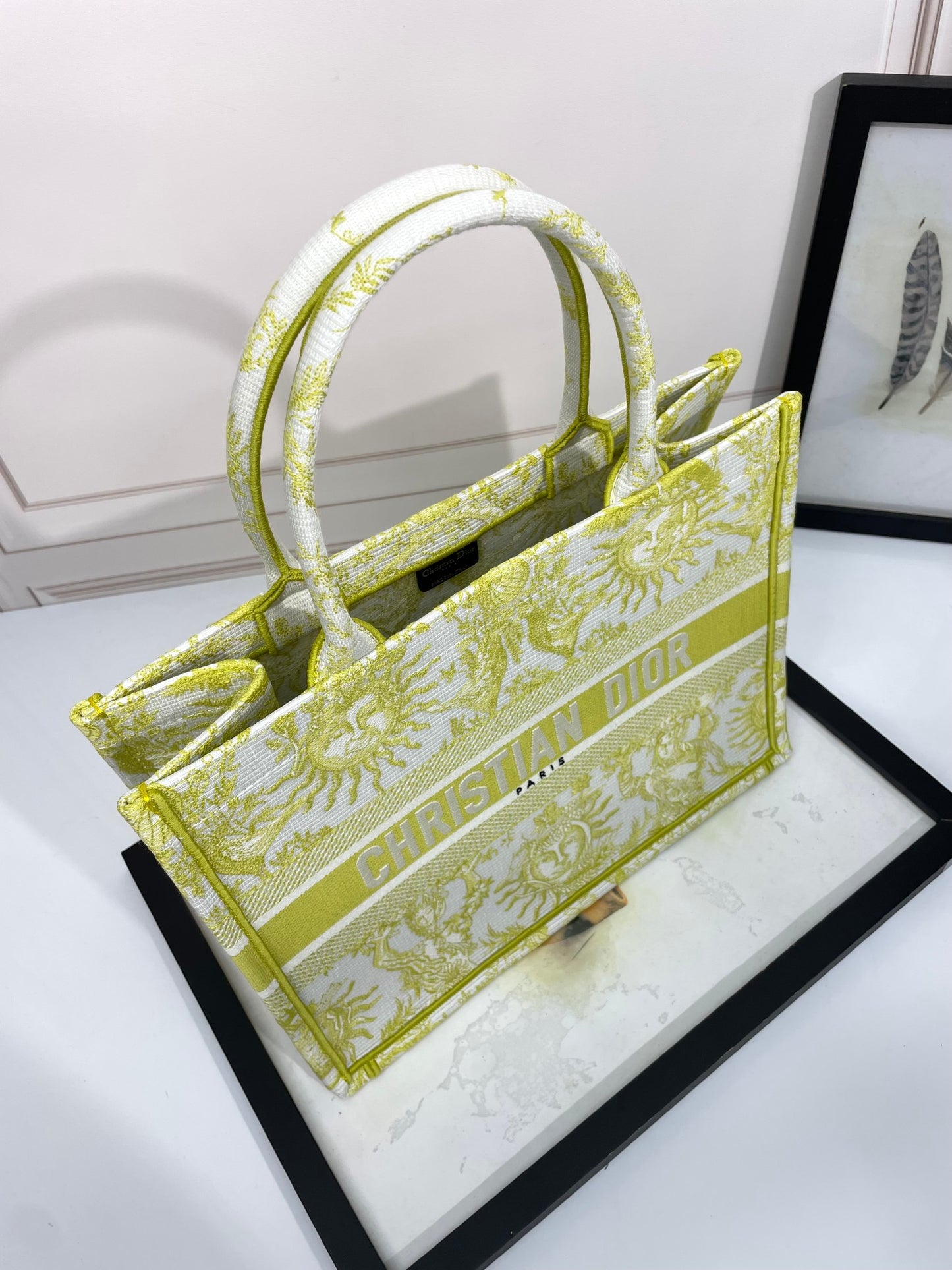 Dior Yellow Embroidered Sun Pattern Canvas Tote Bag with Top Handles