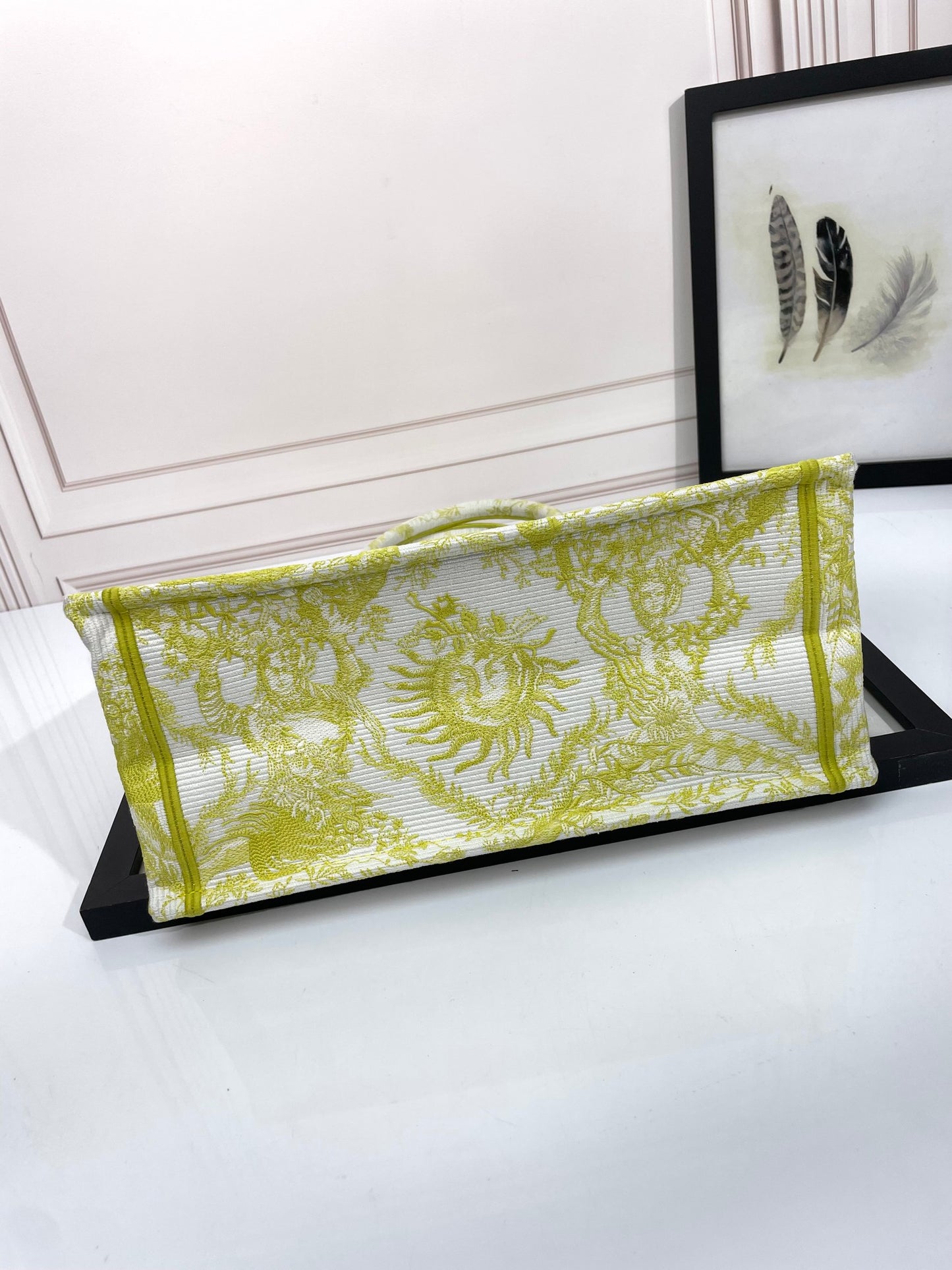Dior Lime Green and White Sun Pattern Canvas Tote Handbag