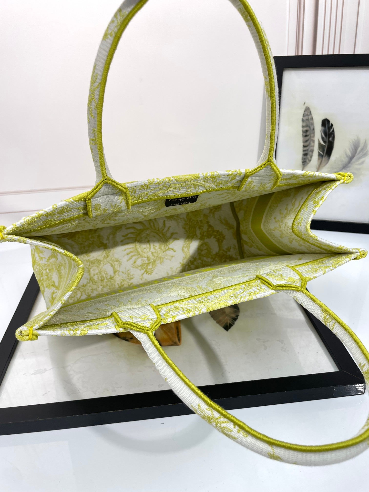 Dior Yellow Embroidered Sun Pattern Canvas Tote Bag with Top Handles