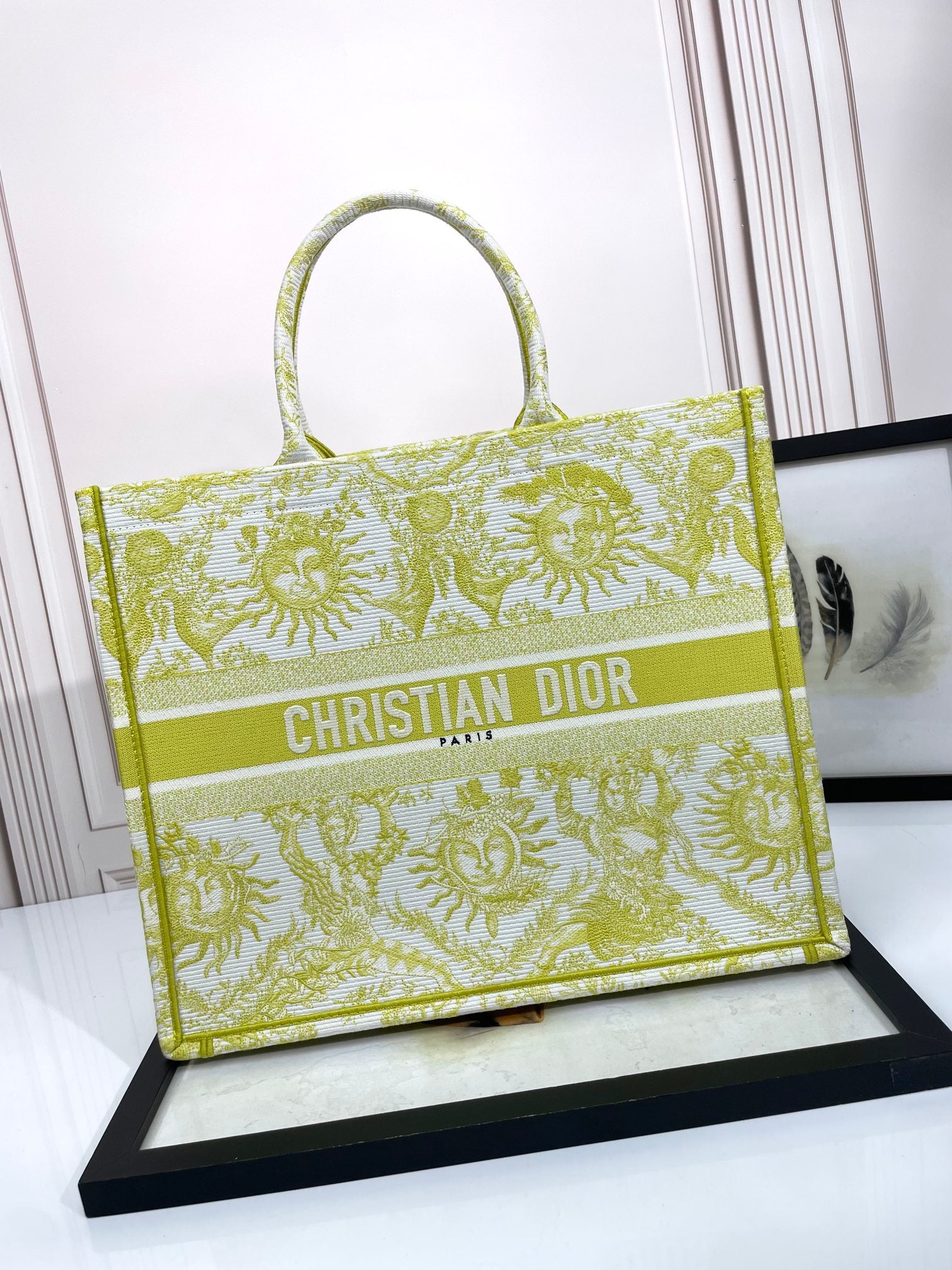 Dior Yellow and White Embroidered Sun Astrology Print Canvas Tote Bag