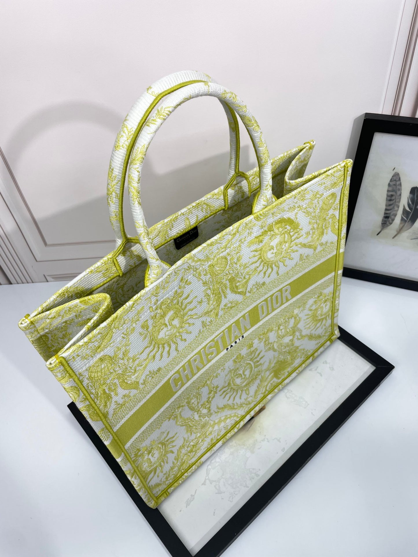 Dior Yellow and White Embroidered Sun Astrology Print Canvas Tote Bag
