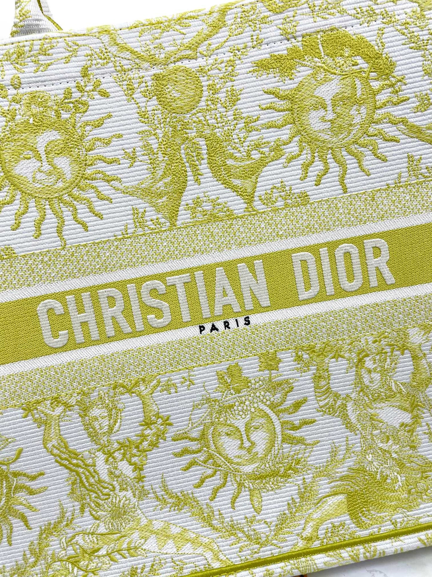 Dior Yellow and White Embroidered Sun Astrology Print Canvas Tote Bag