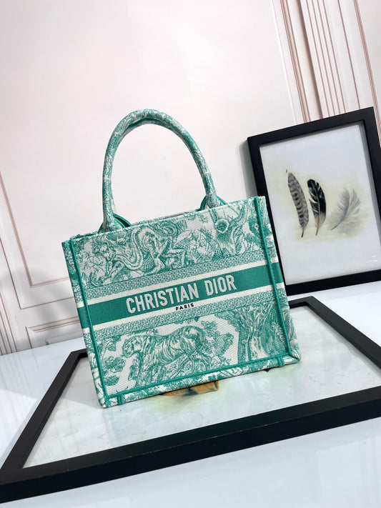 Christian Dior Book Tote Bag - Green and White Toile de Jouy Embroidered Canvas