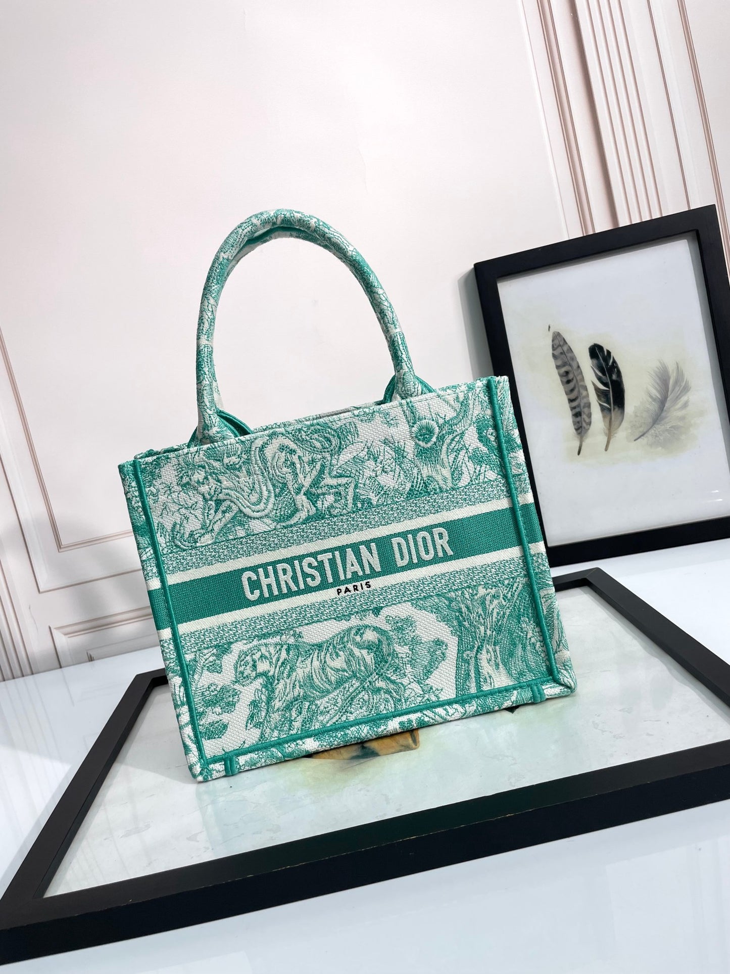 Dior Green Floral Toile Embroidered Canvas Tote Handbag with Top Handles