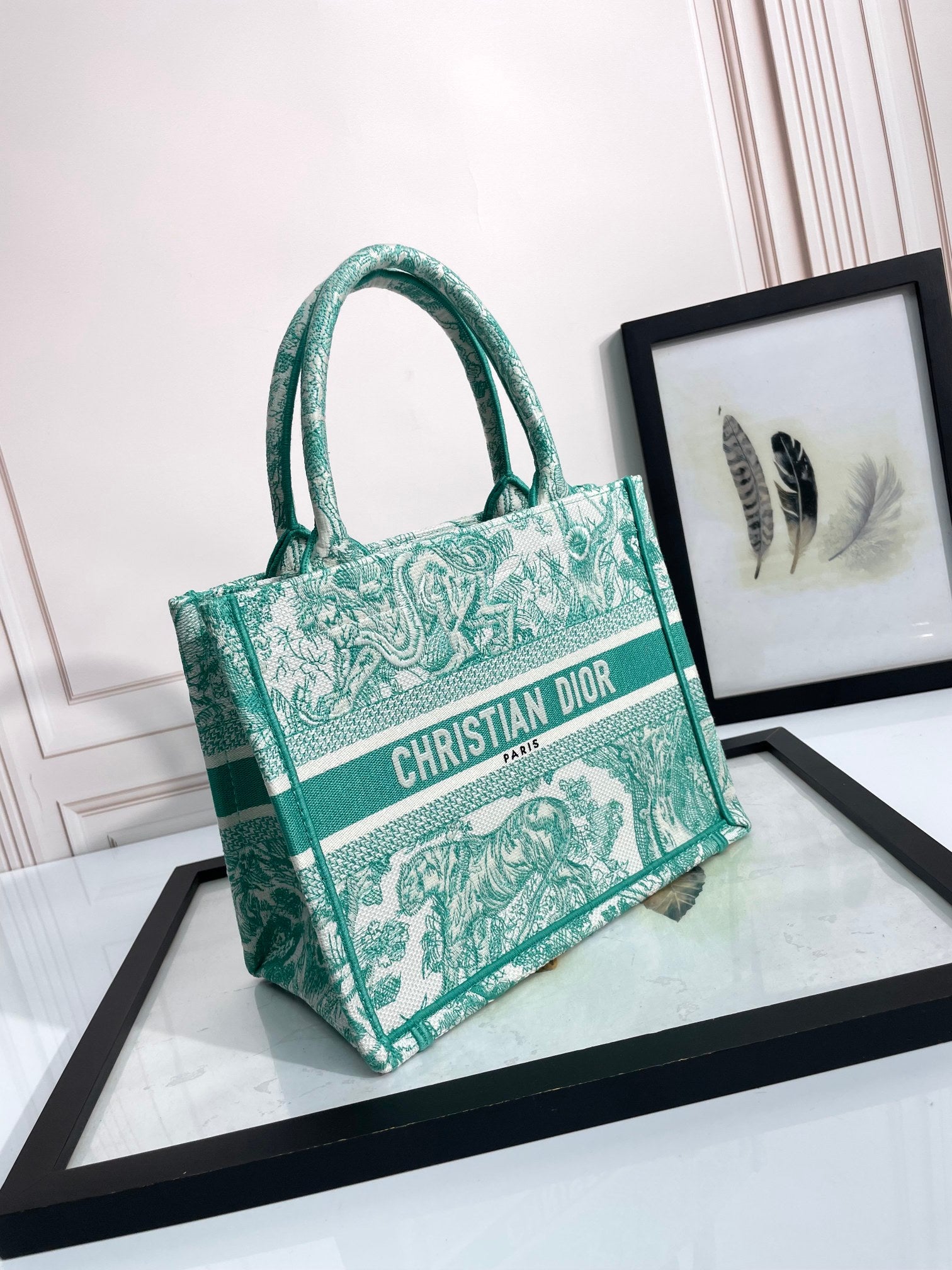 Dior Elegant Green Toile de Jouy Embroidered Canvas Tote Bag