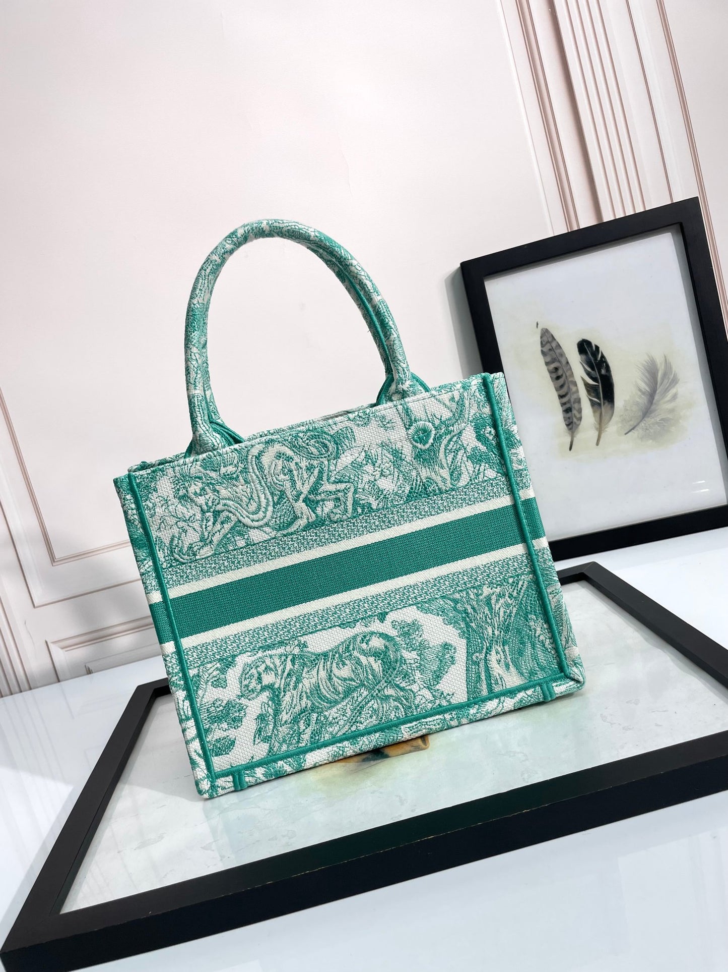 Dior Green Floral Toile Embroidered Canvas Tote Handbag with Top Handles