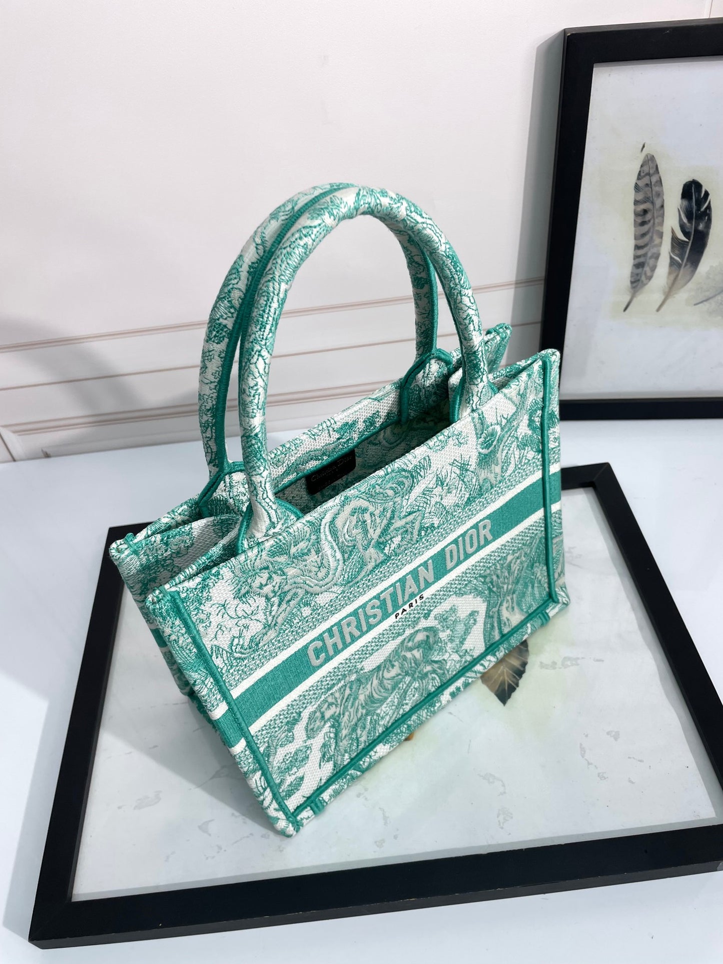 Dior Elegant Green Toile de Jouy Pattern Canvas Tote Bag for Women