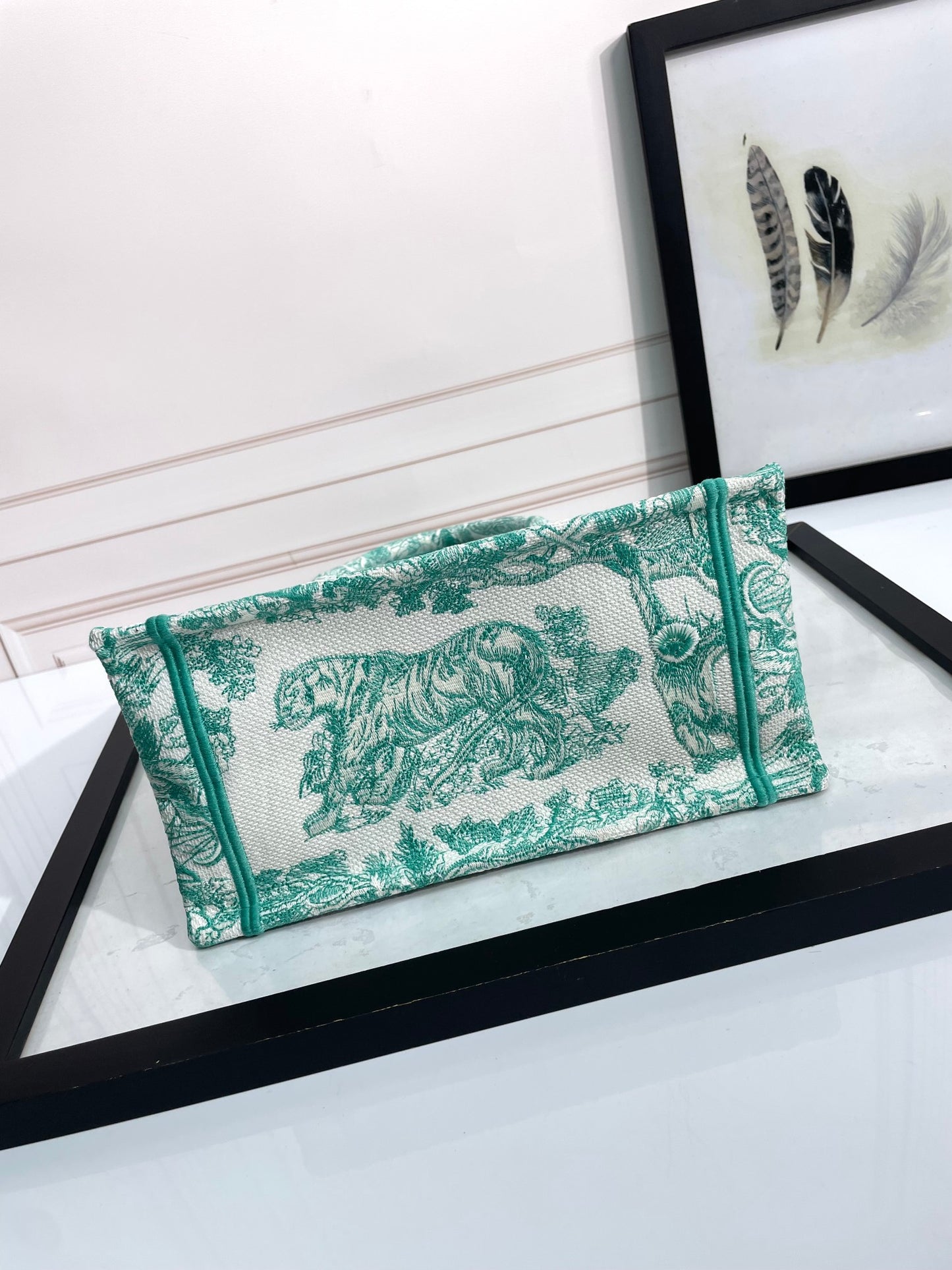 Christian Dior Book Tote Bag - Green and White Toile de Jouy Embroidered Canvas