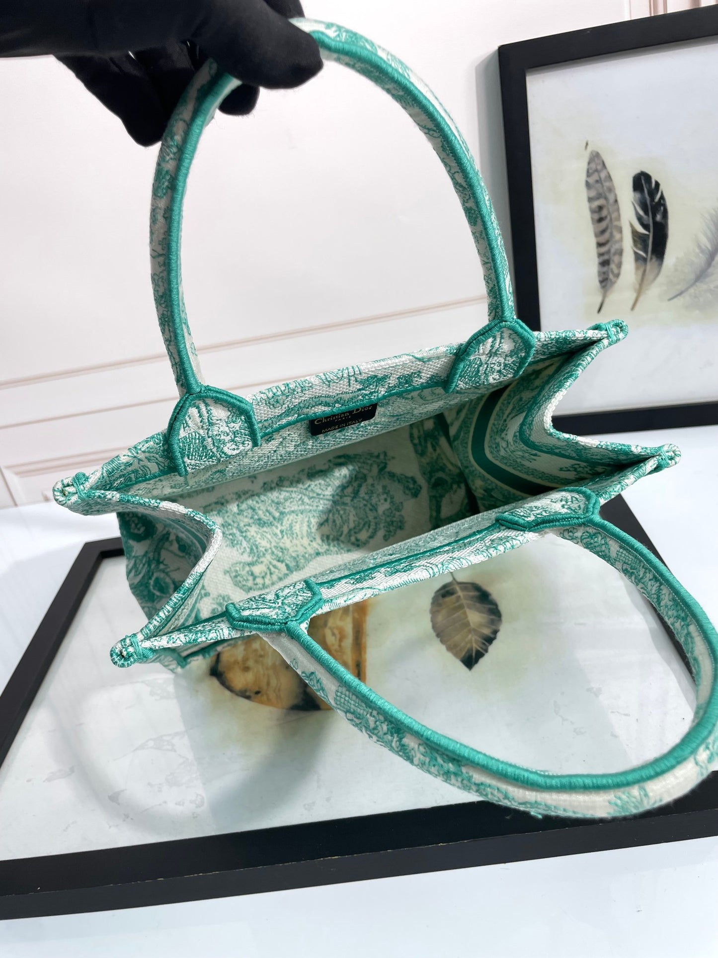 Dior Elegant Green Toile de Jouy Pattern Canvas Tote Bag for Women