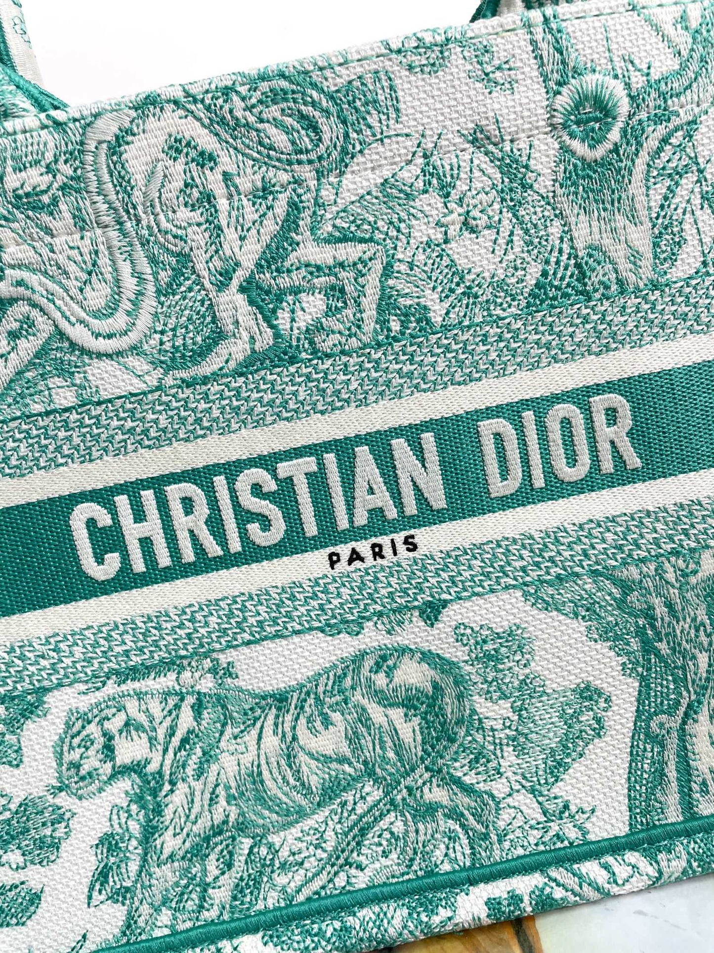 Christian Dior Medium Book Tote Green Toile de Jouy Embroidery