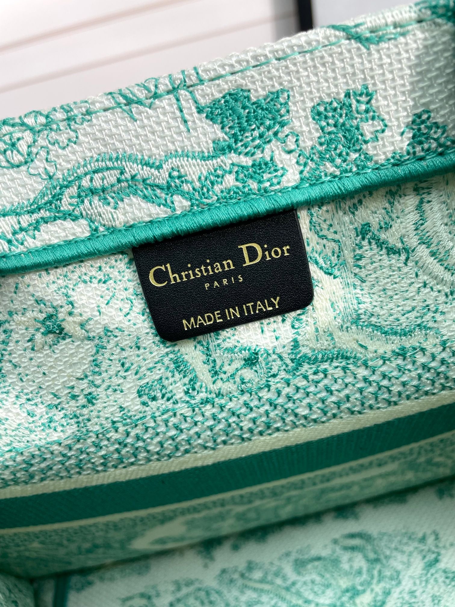 Dior Green Floral Embroidered Canvas Tote Bag with Square Top Handle