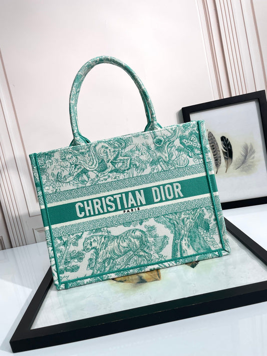 Christian Dior Medium Book Tote - Green Toile de Jouy Embroidered Canvas