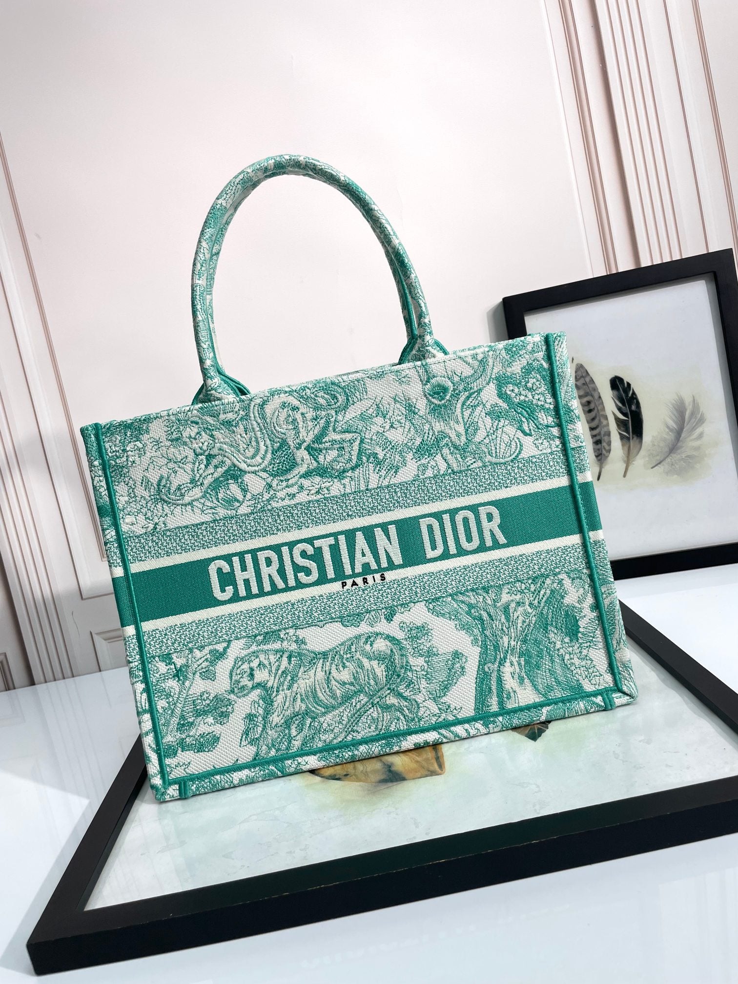 Dior Green and White Toile Pattern Embroidered Canvas Tote Bag