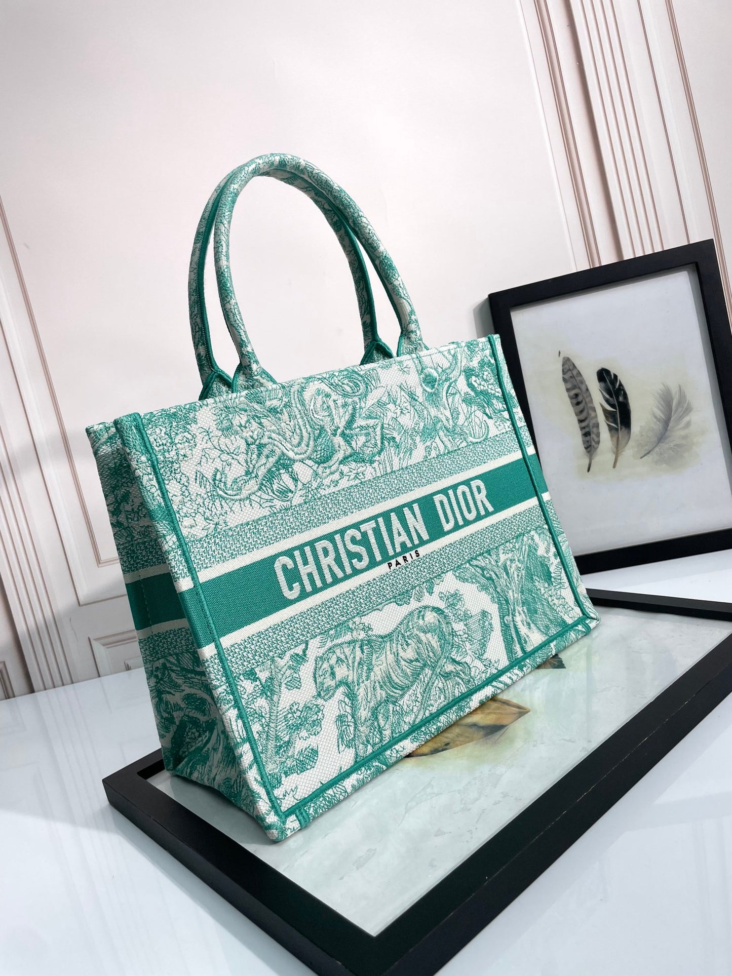 Dior Green and White Toile Pattern Embroidered Canvas Tote Bag