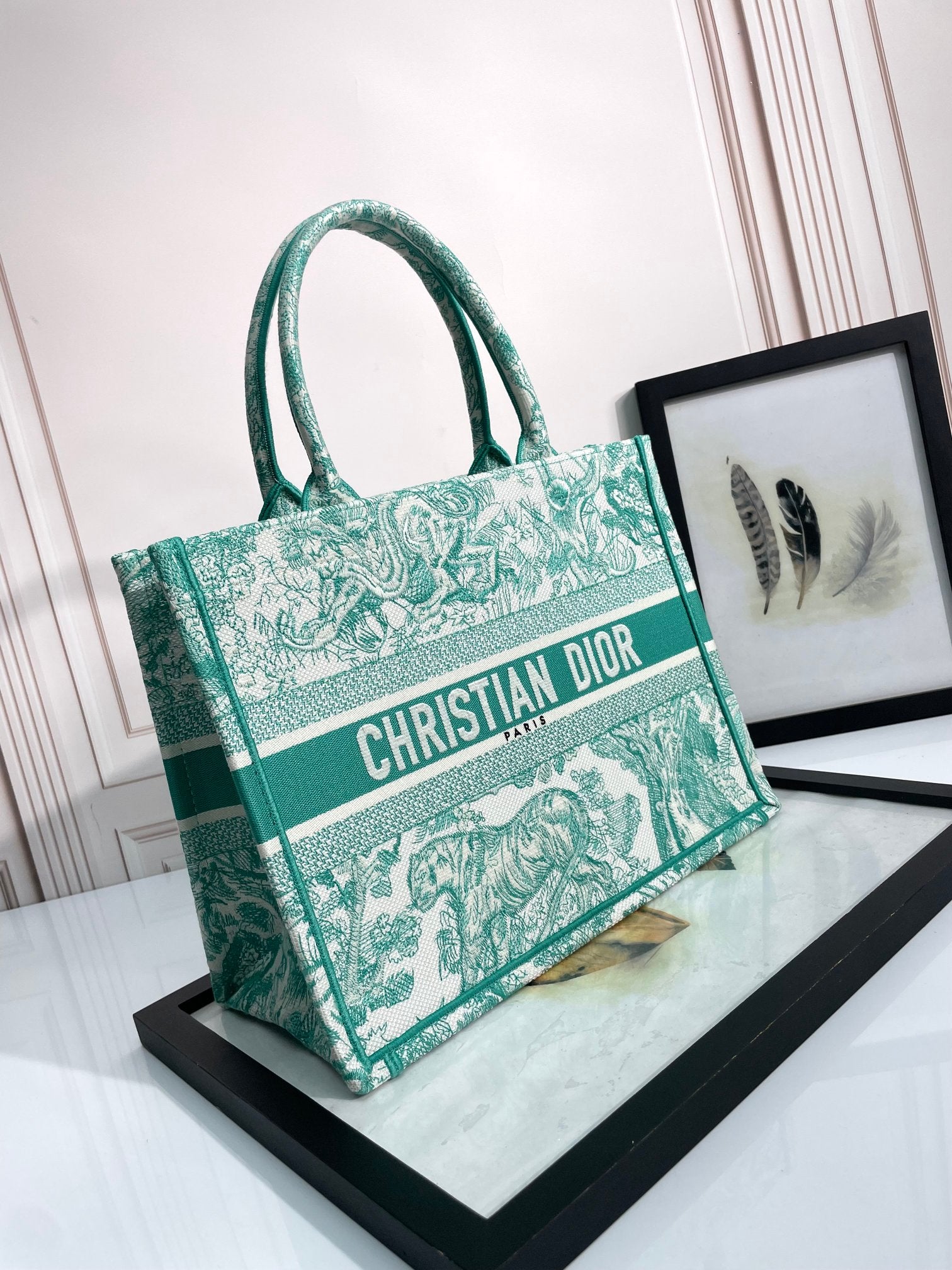 Dior Green and White Toile Pattern Embroidered Canvas Tote Bag