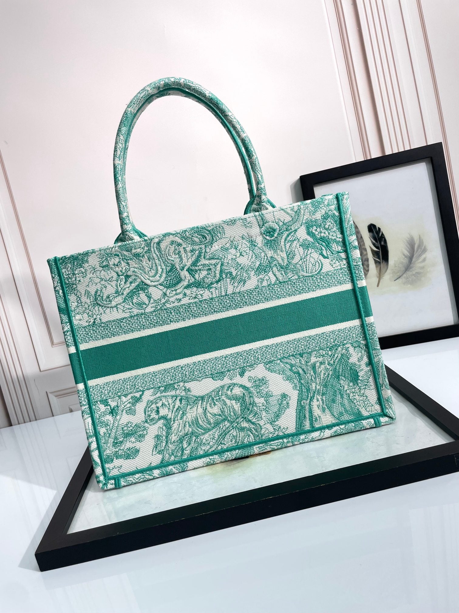 Dior Green Toile de Jouy Canvas Tote Bag Luxury Top Handle Handbag