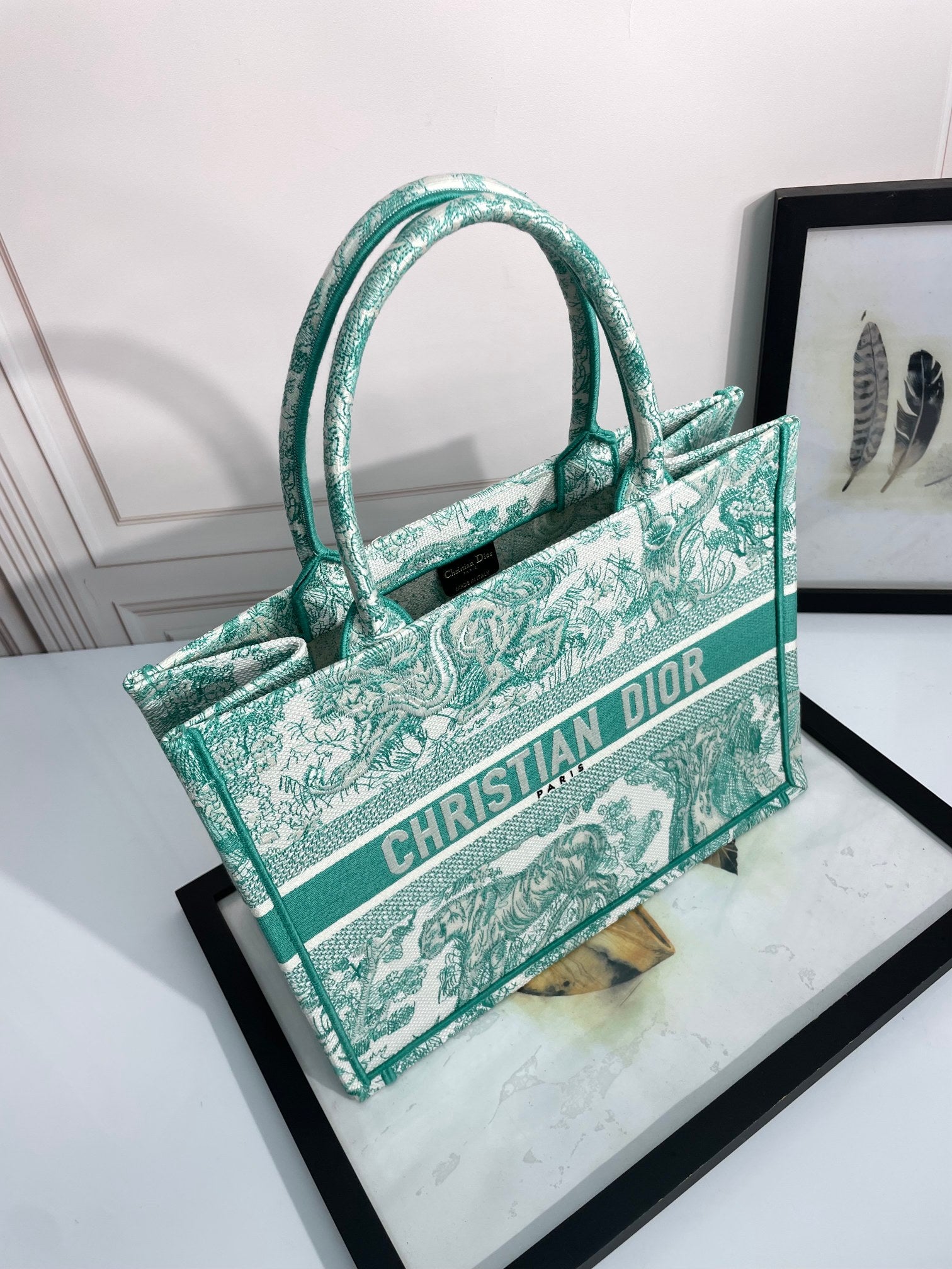 Dior Green Toile de Jouy Embroidered Canvas Tote Handbag