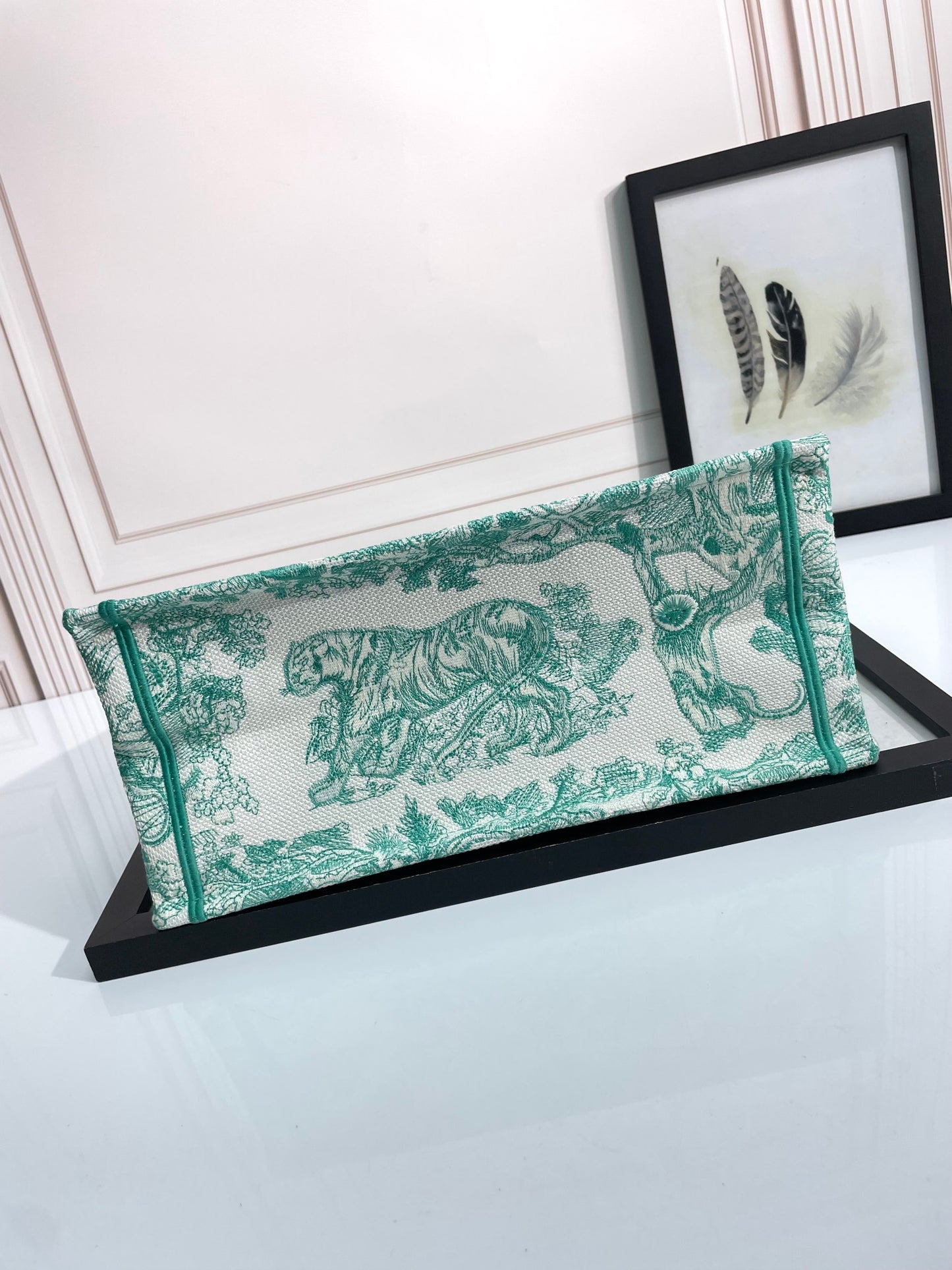 Dior Green and White Toile Pattern Embroidered Canvas Tote Bag