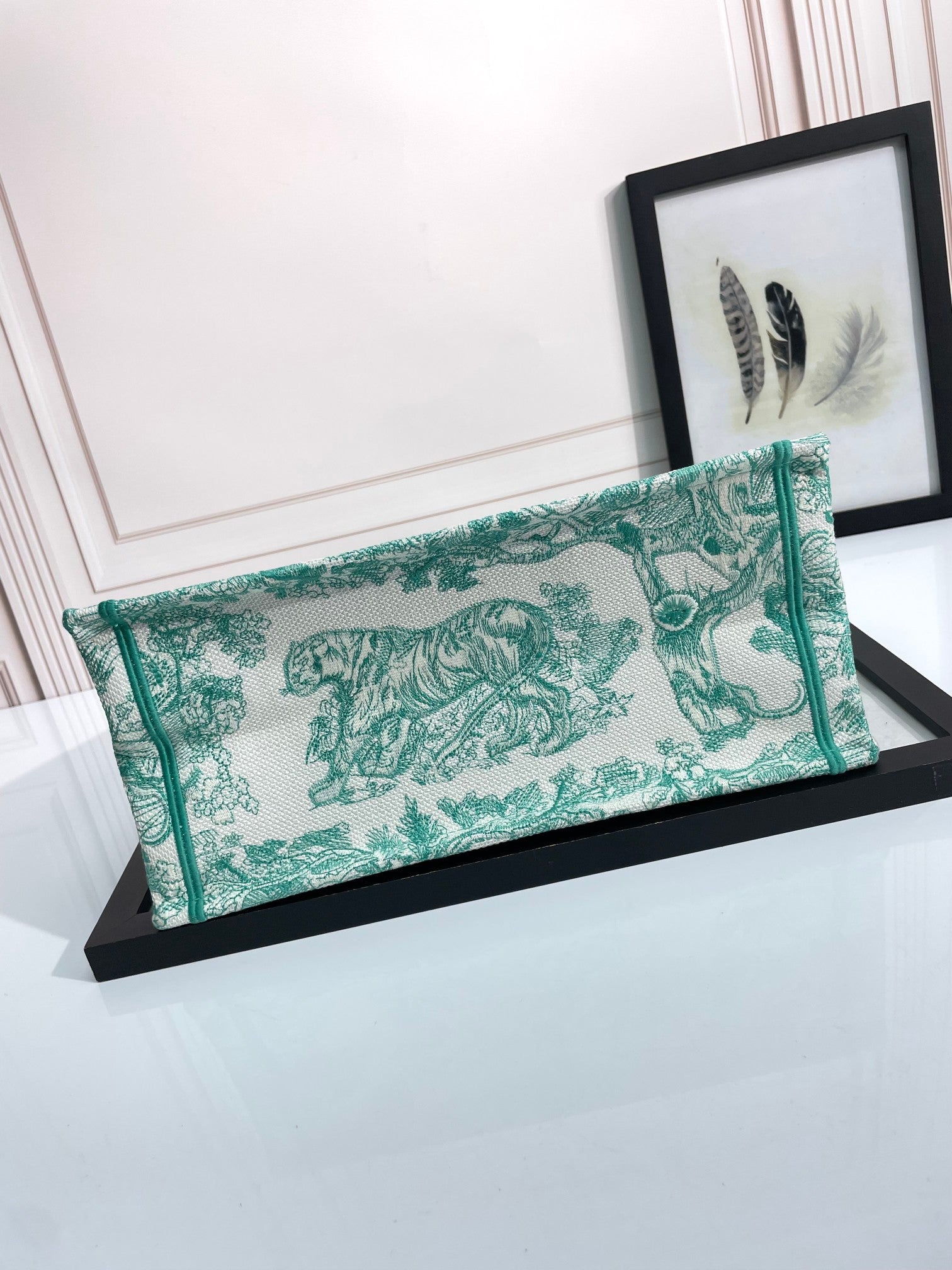 Dior Green and White Toile Pattern Embroidered Canvas Tote Bag