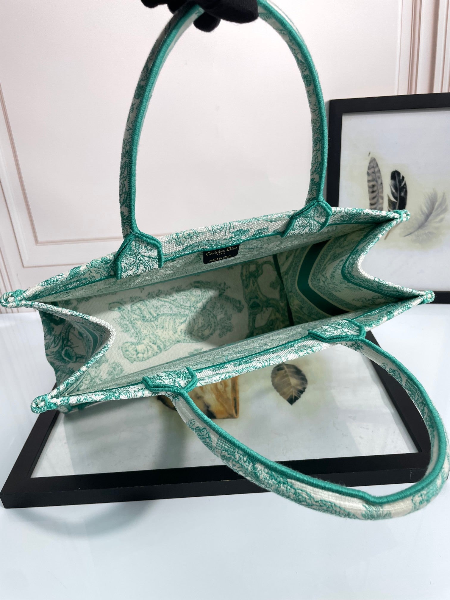 Christian Dior Medium Book Tote - Green Toile de Jouy Embroidered Canvas
