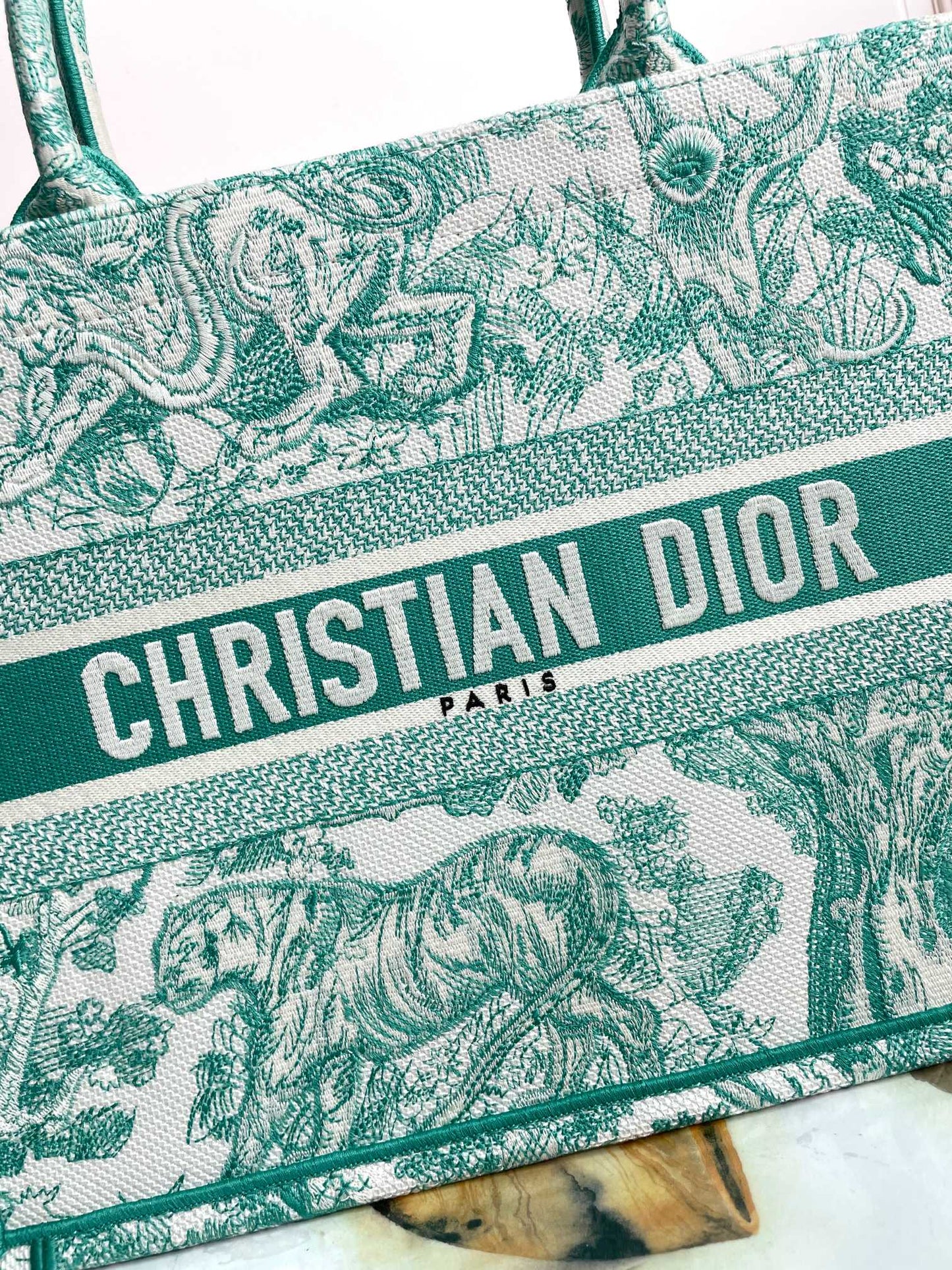 Dior Green Toile Embroidered Canvas Tote Bag Vintage Style Handbag