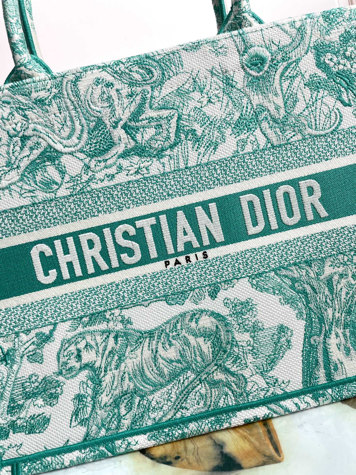 Christian Dior Book Tote - Green Toile de Jouy Embroidery