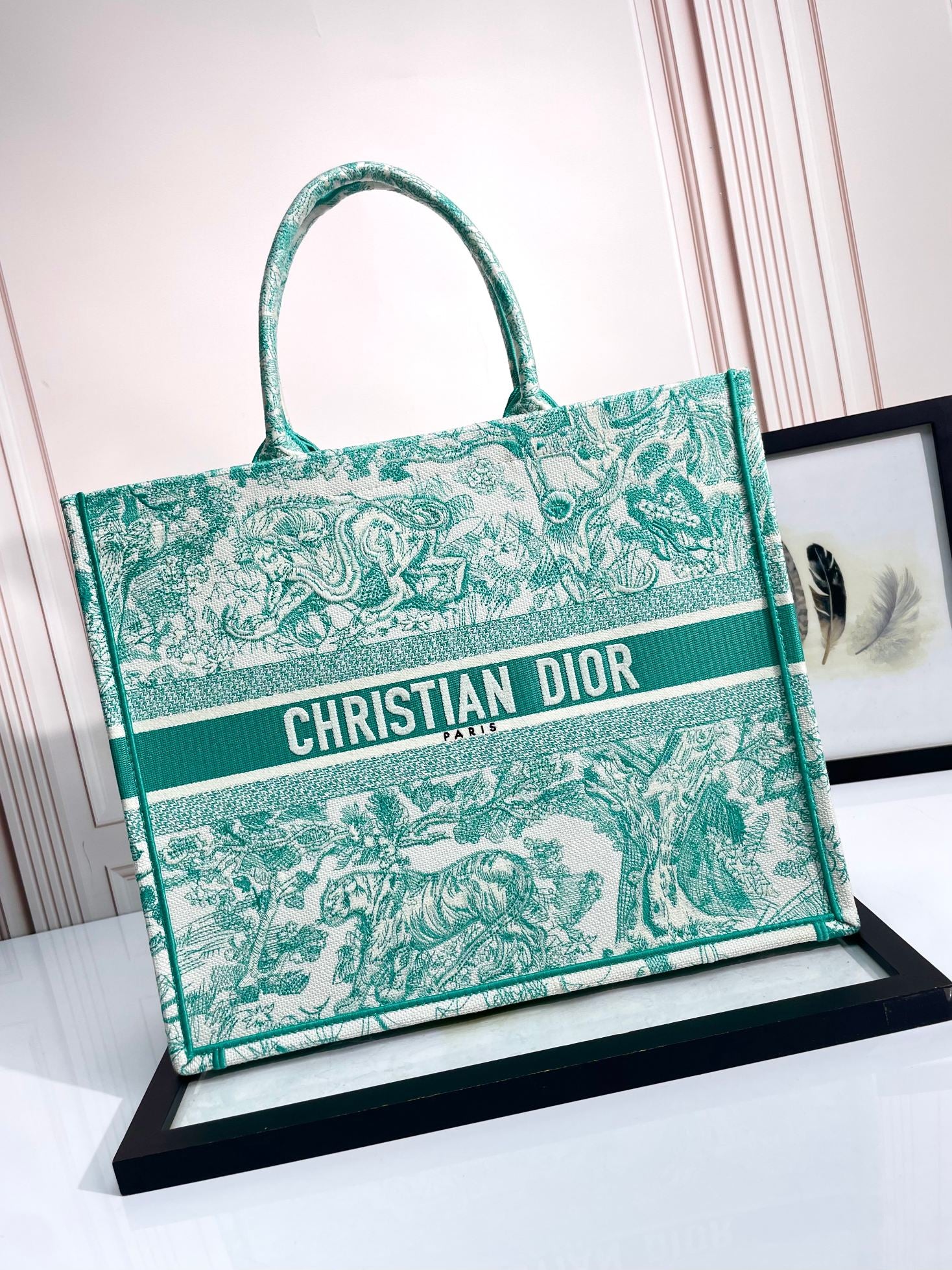 Dior Green Toile de Jouy Landscape Embroidered Canvas Tote Handbag