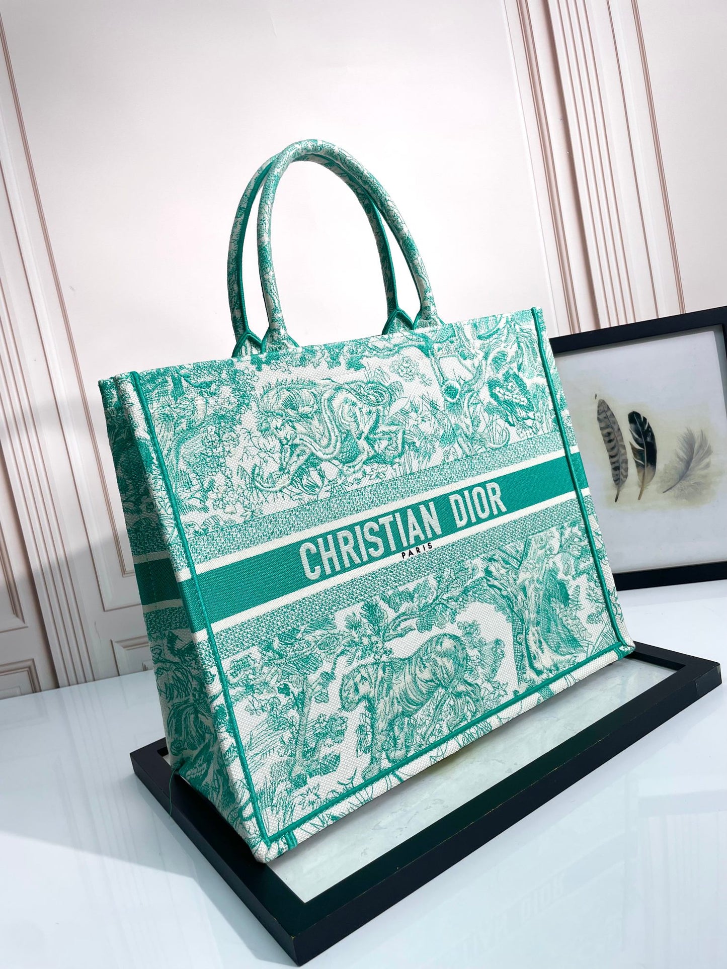 Dior Vintage Green Embroidered Toile de Jouy Pattern Canvas Tote Bag