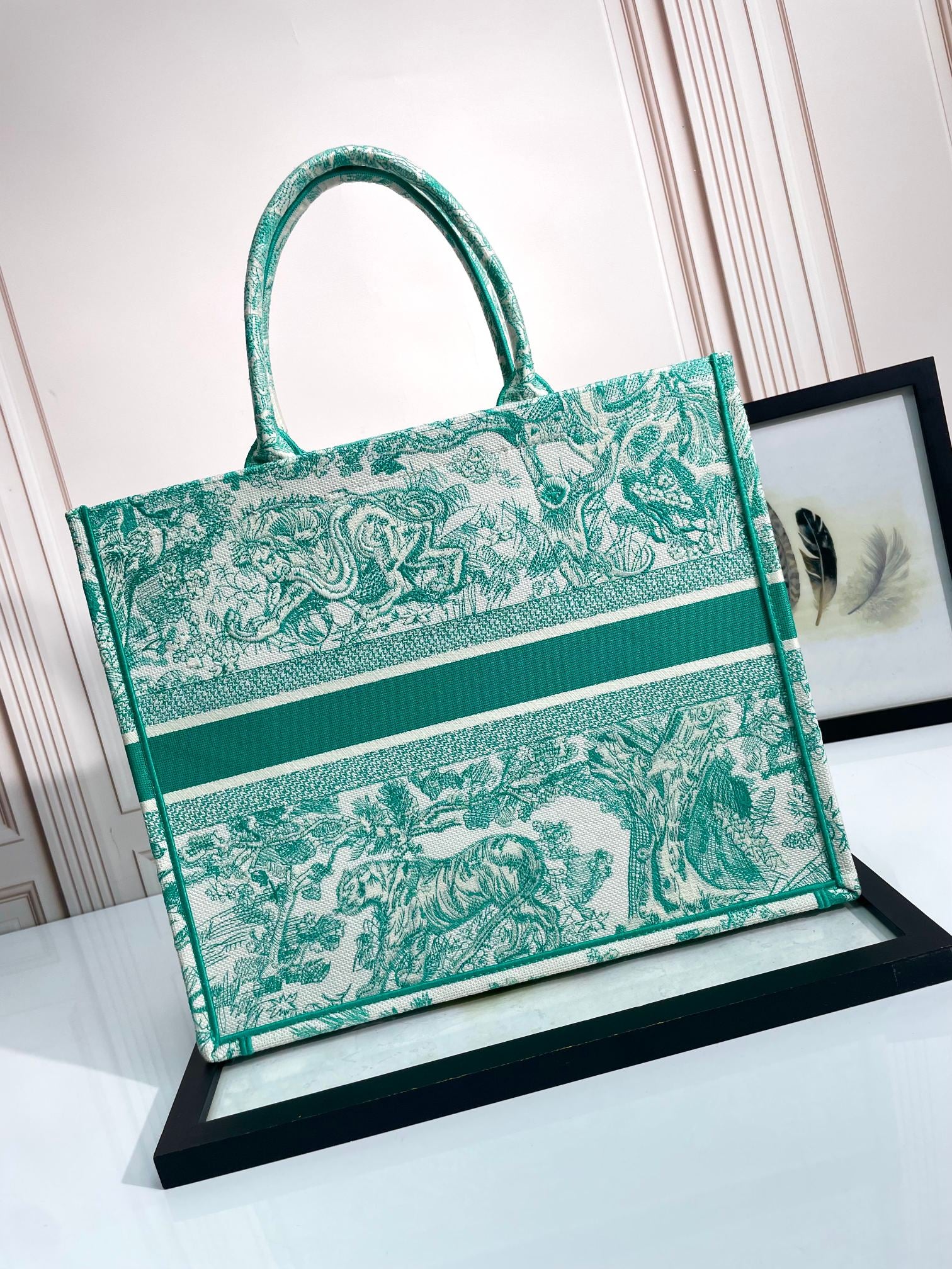 Dior Green Toile de Jouy Landscape Embroidered Canvas Tote Handbag