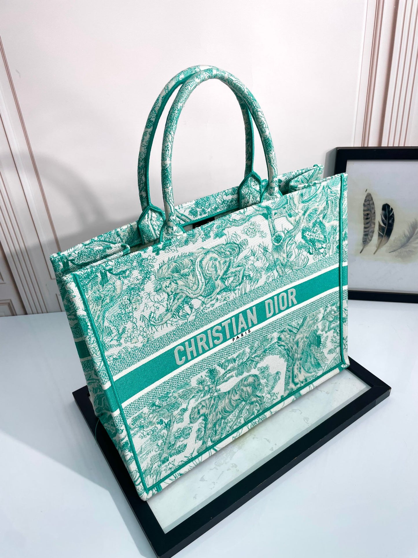 Dior Green and White Floral Toile de Jouy Canvas Tote Bag