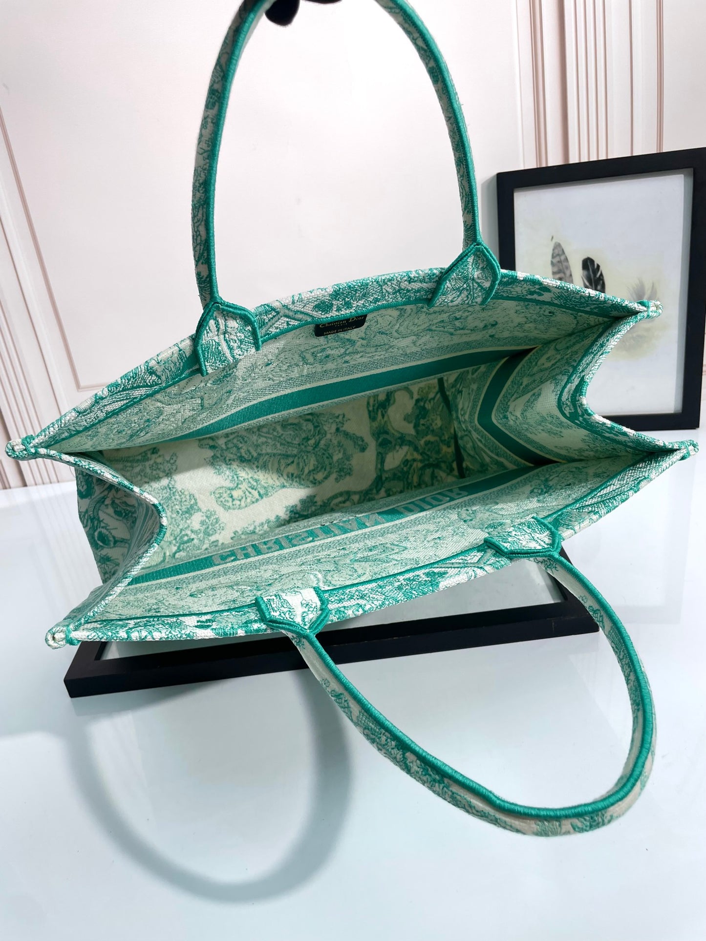 Dior Green and White Floral Toile de Jouy Canvas Tote Bag