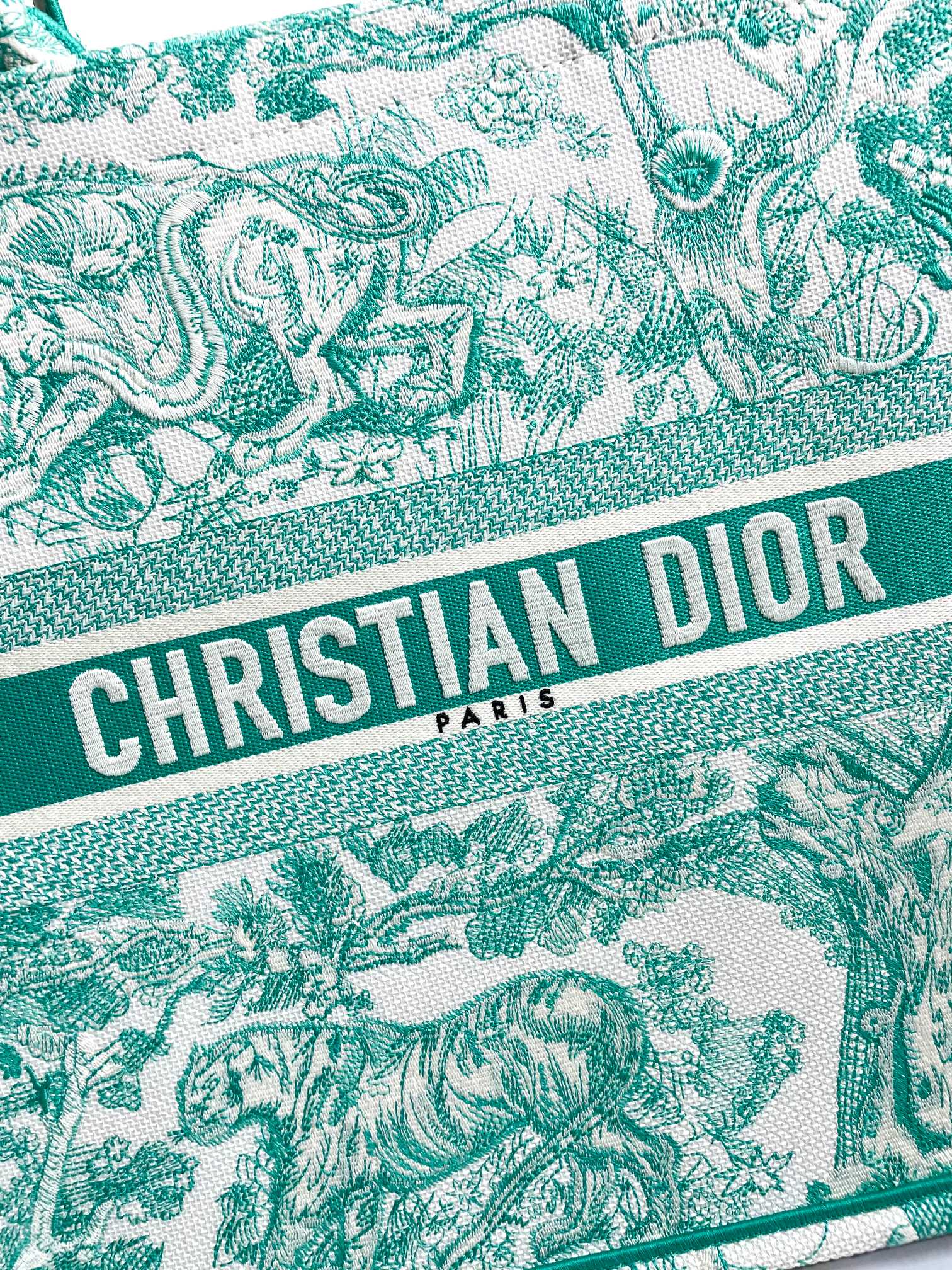 Dior Green Toile de Jouy Landscape Embroidered Canvas Tote Handbag