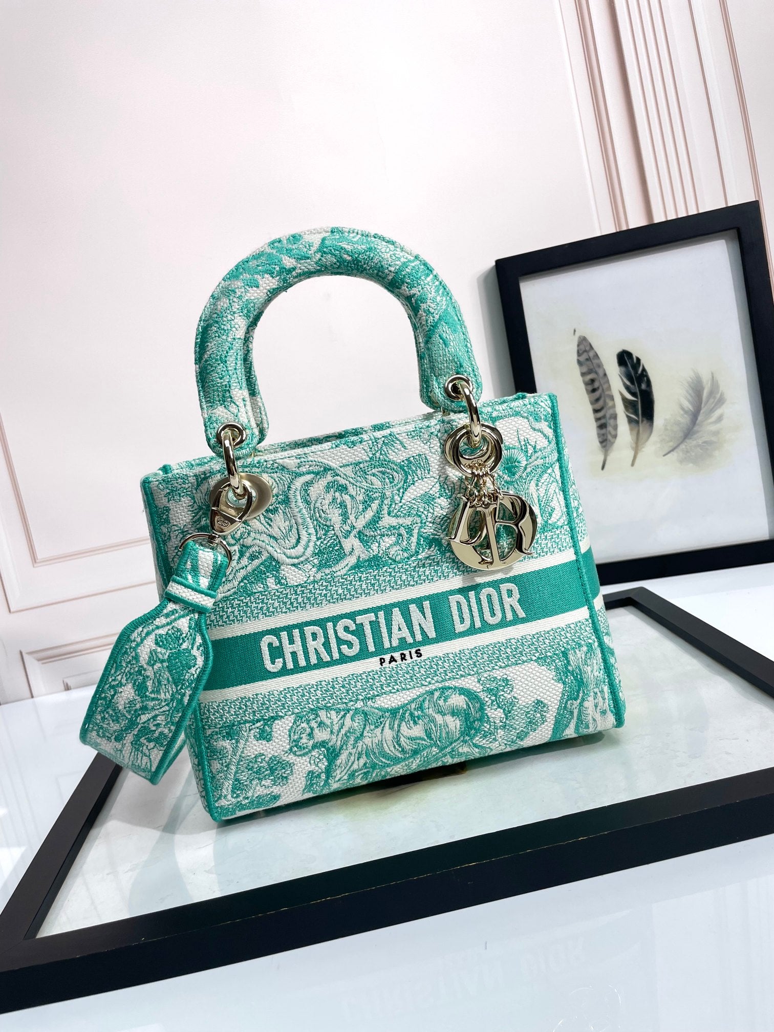 Dior Vintage Green Floral Embroidered Canvas Top Handle Handbag