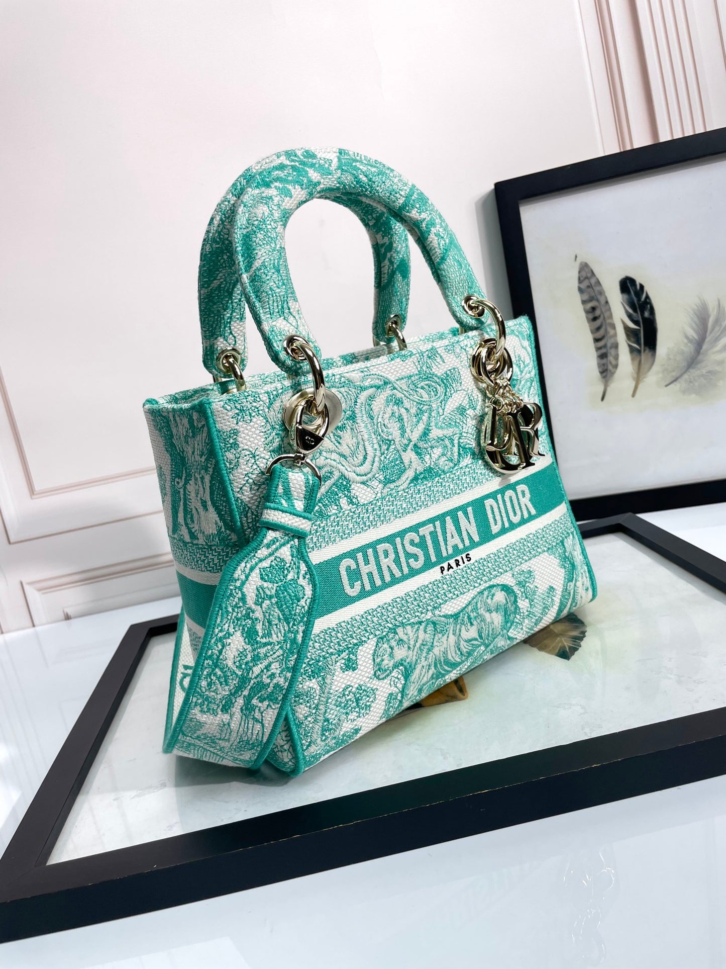 Dior Green Floral Toile Canvas Top Handle Bag with Shoulder Strap
